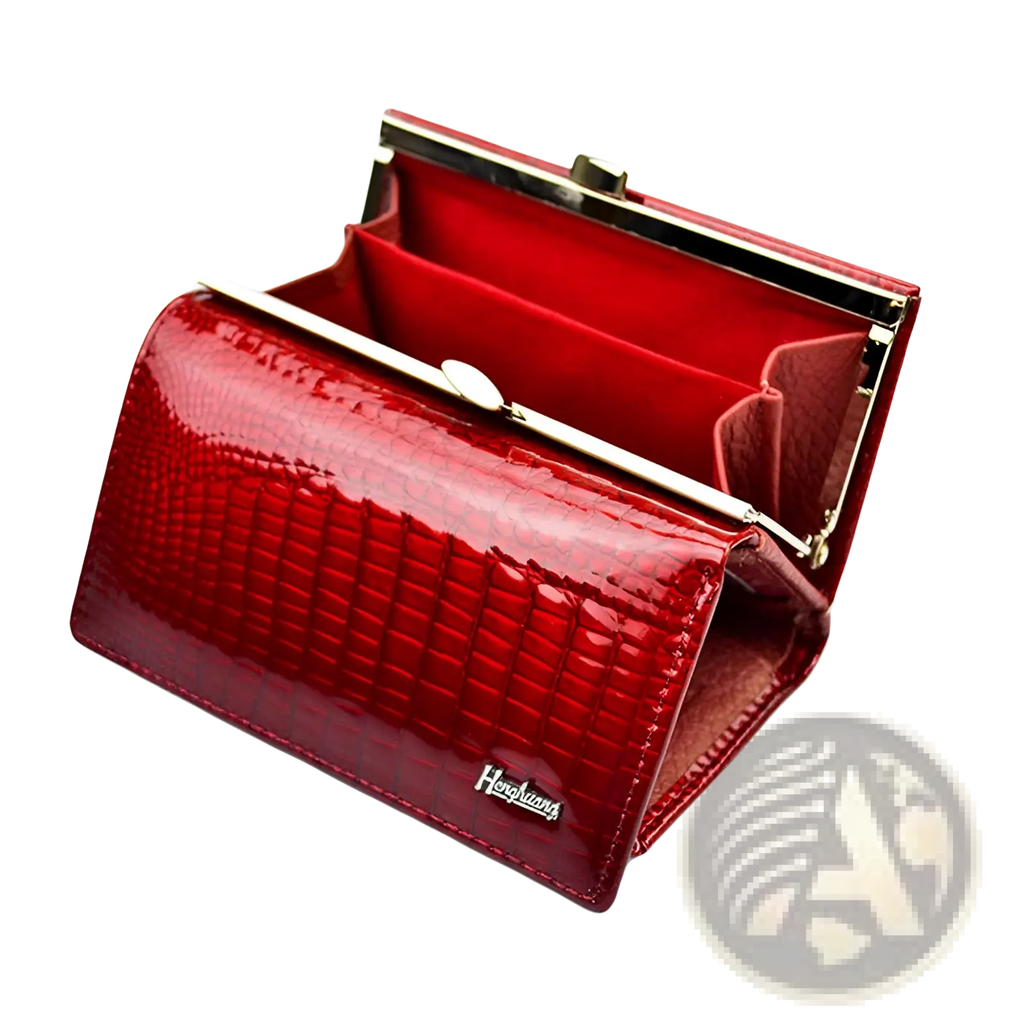 Retro crocodile pattern leather trifold wallet in glossy red with a metallic clasp and matching interior lining