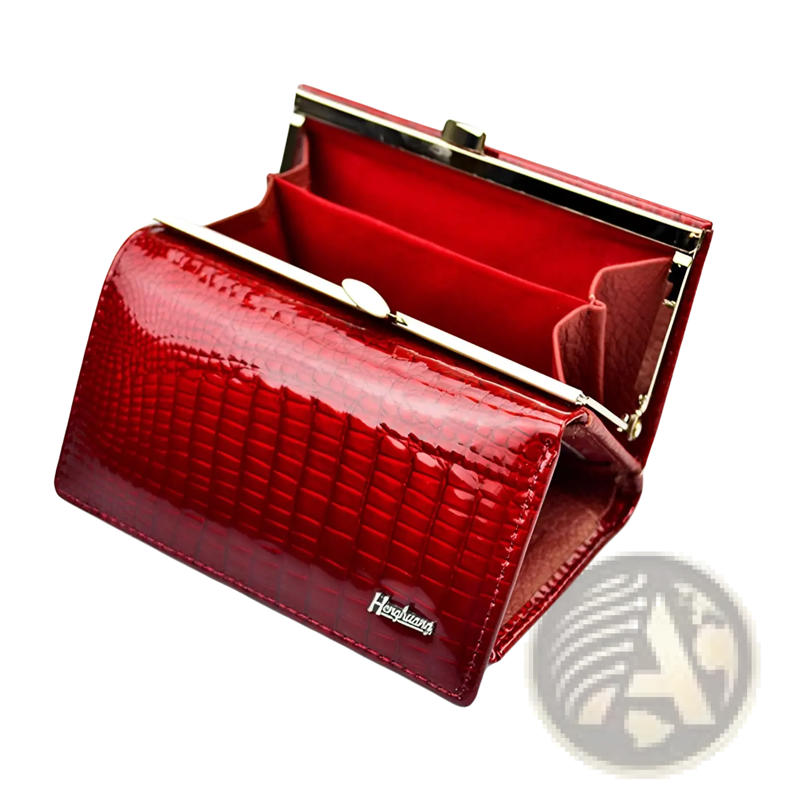 Retro crocodile pattern leather trifold wallet in glossy red with a metallic clasp and matching interior lining
