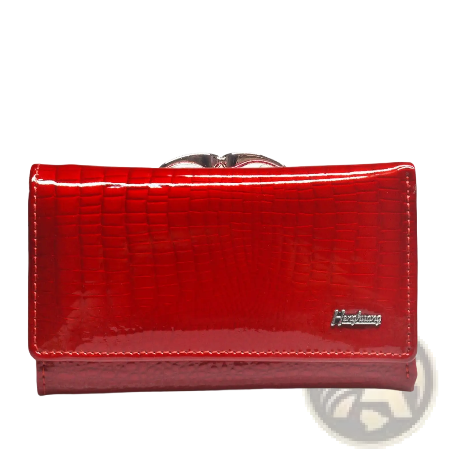 Retro crocodile pattern leather trifold wallet in vibrant red patent leather with silver-toned clasp