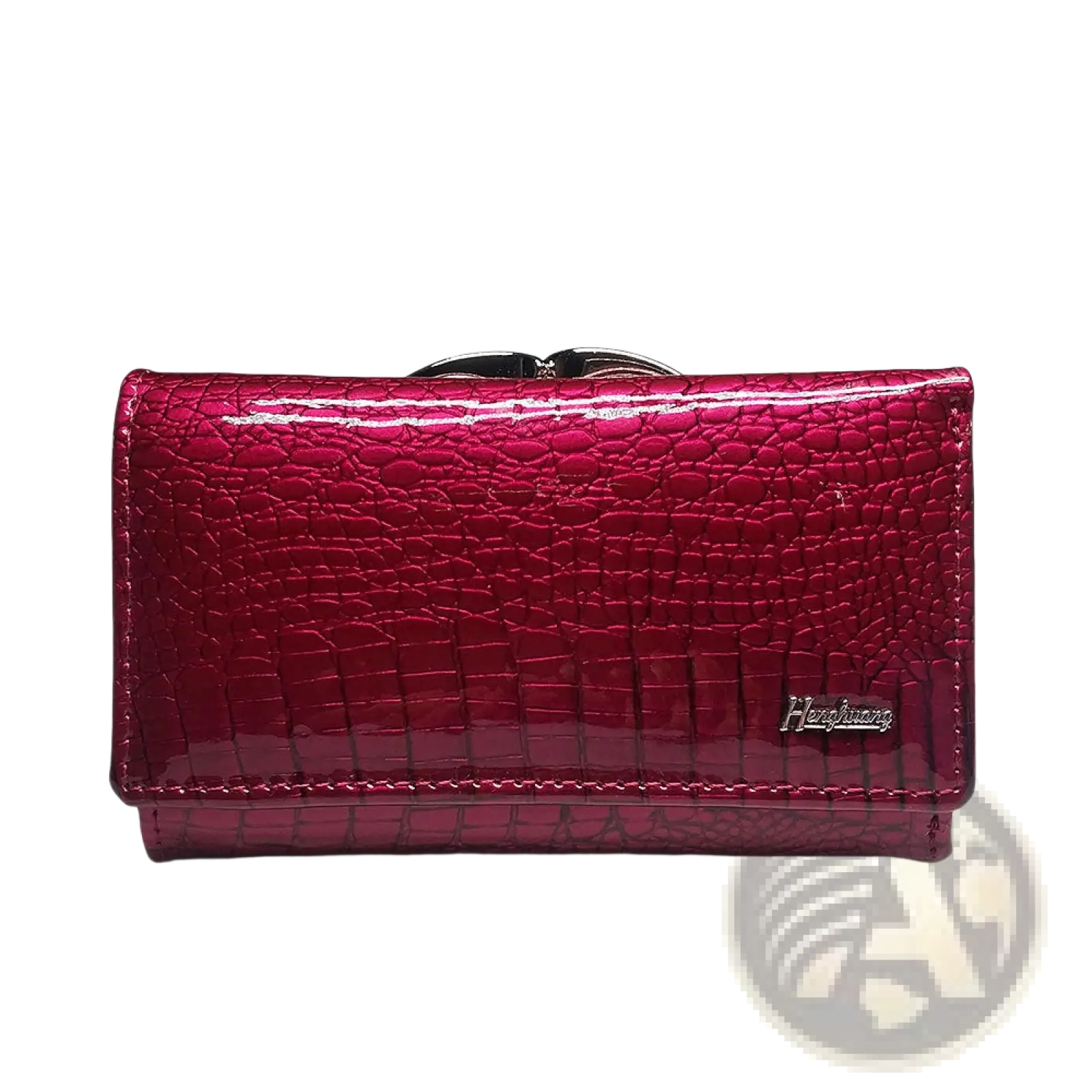 A glossy magenta leather trifold wallet with retro crocodile pattern and silver toned clasp