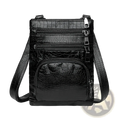 Retro crocodile textured soft black leather crossbody bag with multiple zippered compartments and detachable strap