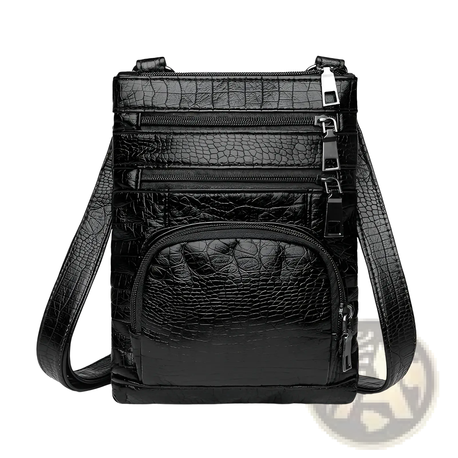 Retro crocodile textured soft black leather crossbody bag with multiple zippered compartments and detachable strap