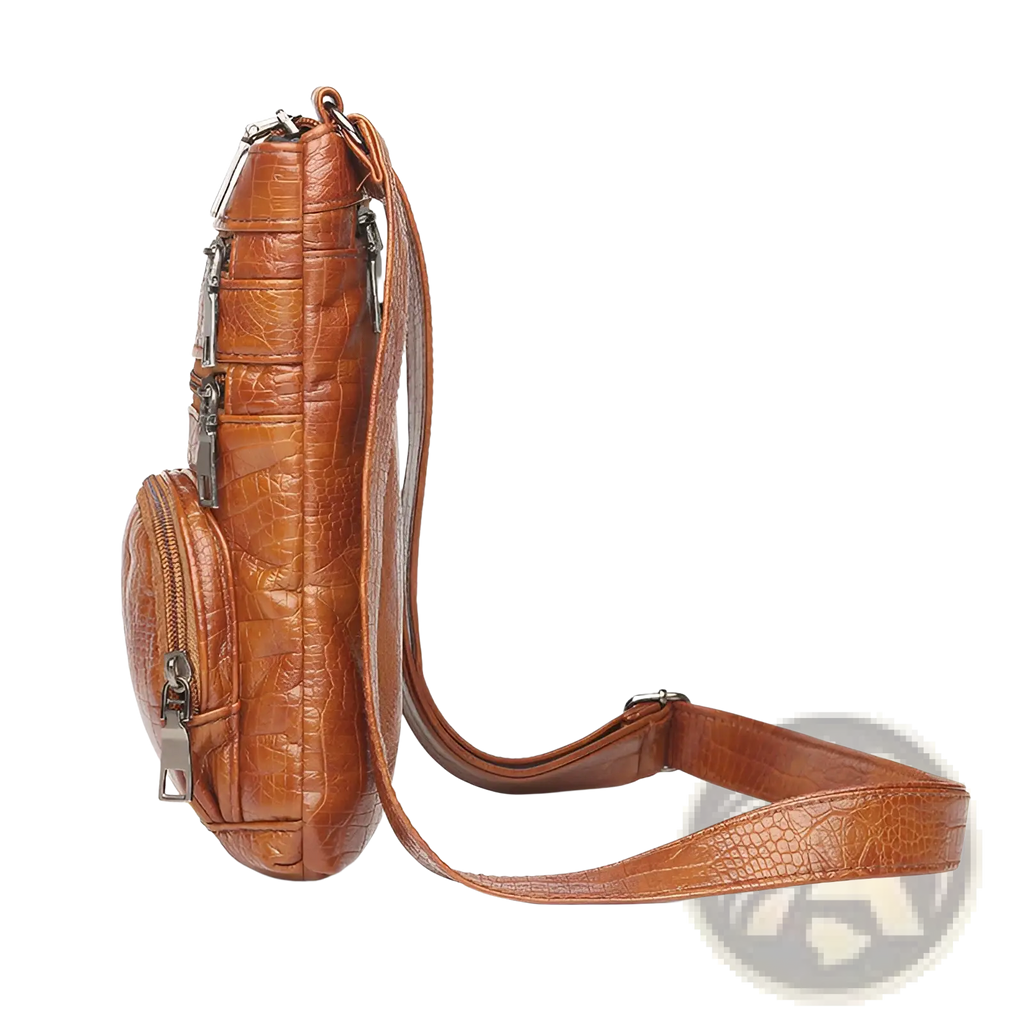 Retro crocodile textured soft leather brown crossbody bag with silver-toned zippers and hardware