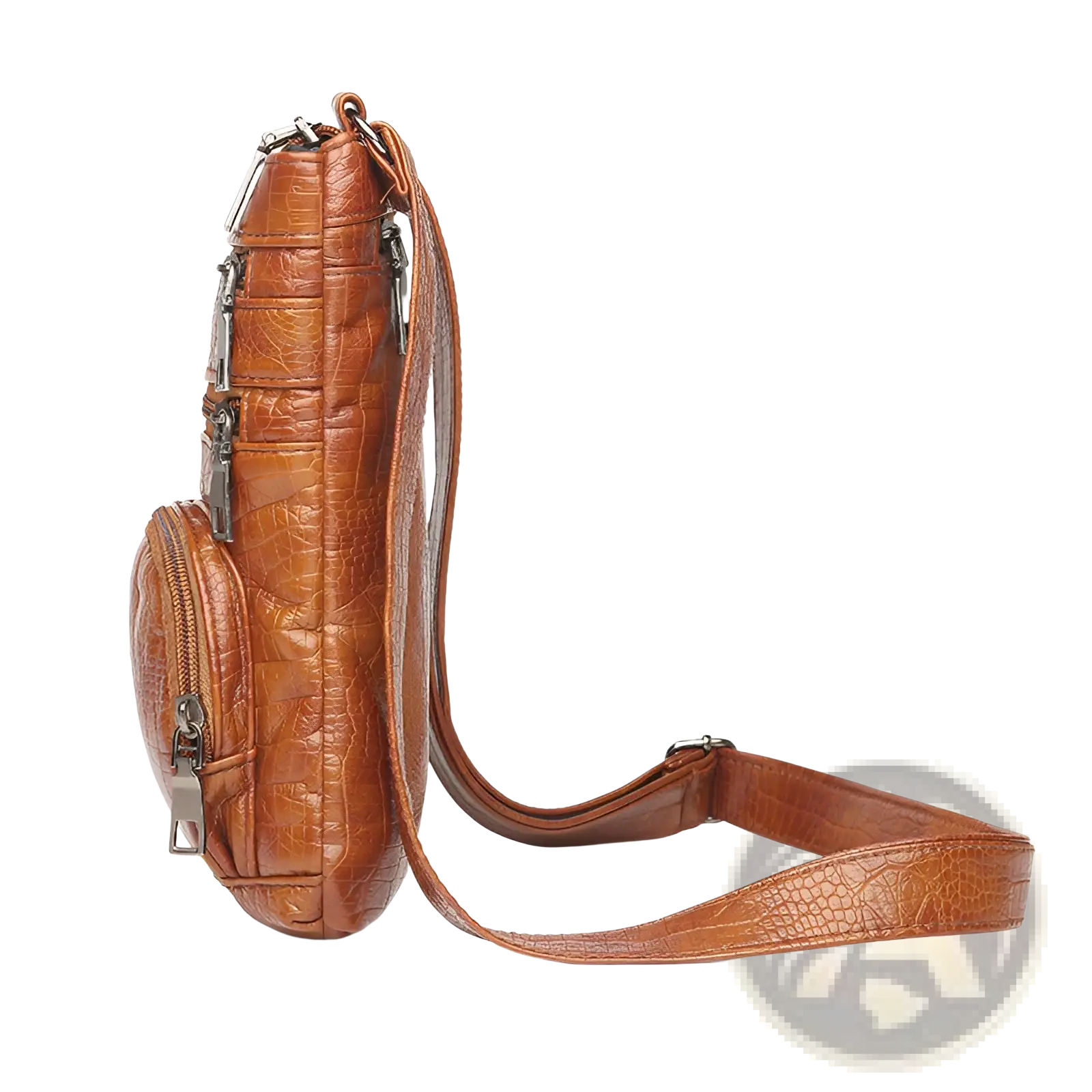 Retro crocodile textured soft leather brown crossbody bag with silver-toned zippers and hardware