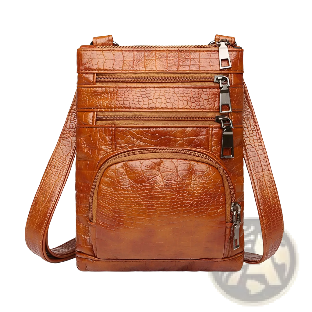 Brown retro crocodile textured soft leather crossbody bag with multiple zippers and a detachable strap