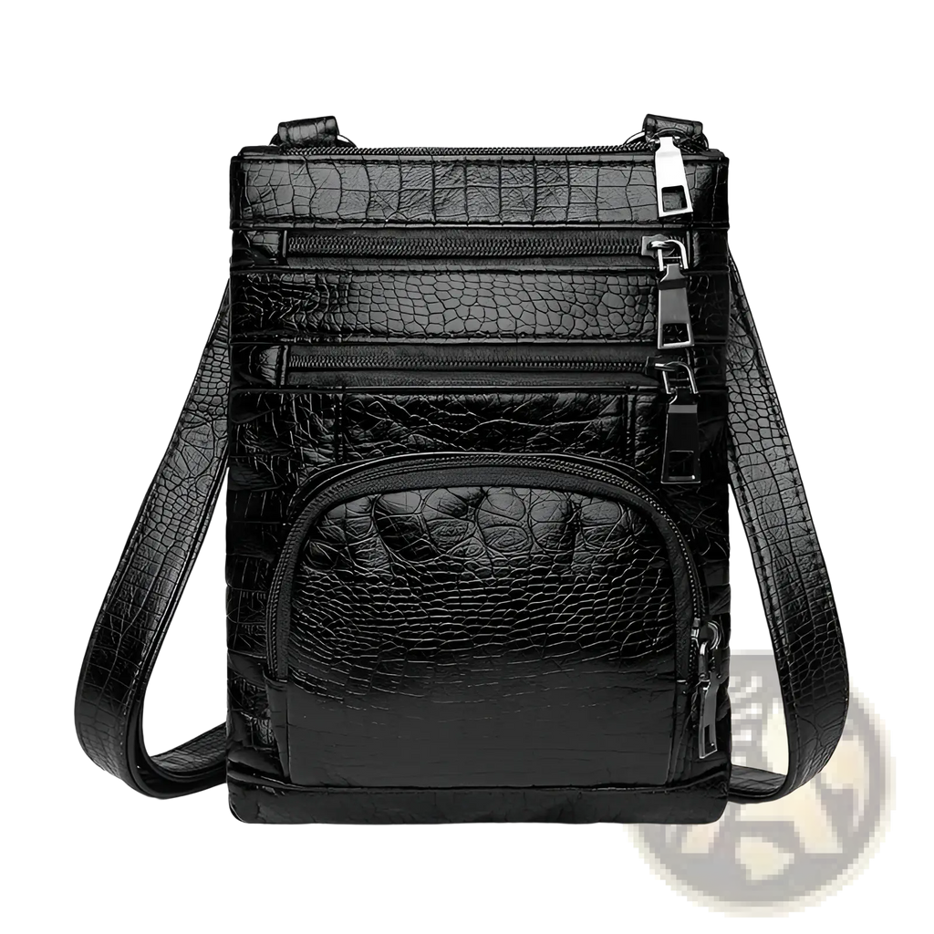 Retro crocodile textured soft black leather crossbody bag with multiple zippered compartments and detachable strap