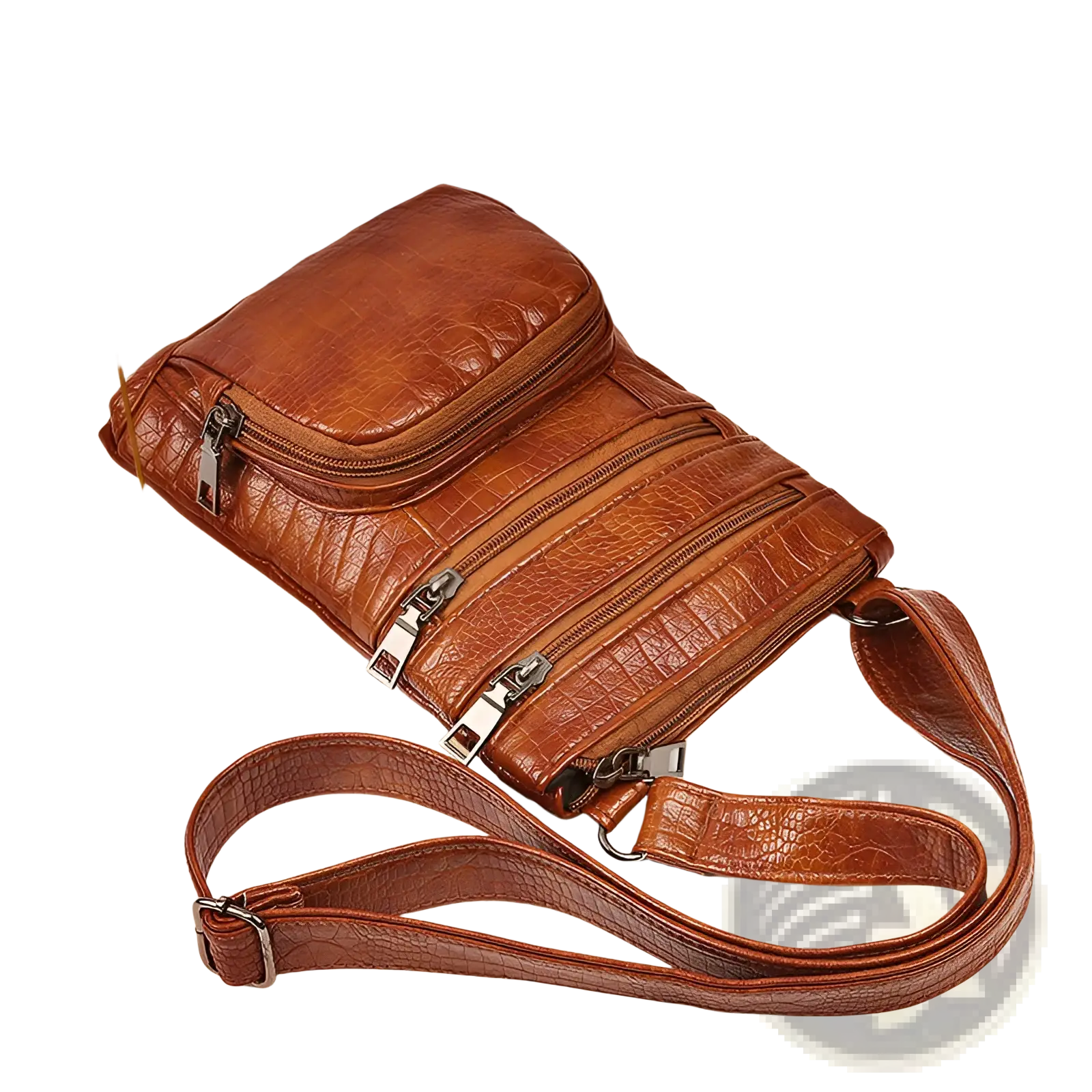 Retro crocodile textured soft leather crossbody bag in brown with multiple zippers and silver-toned hardware
