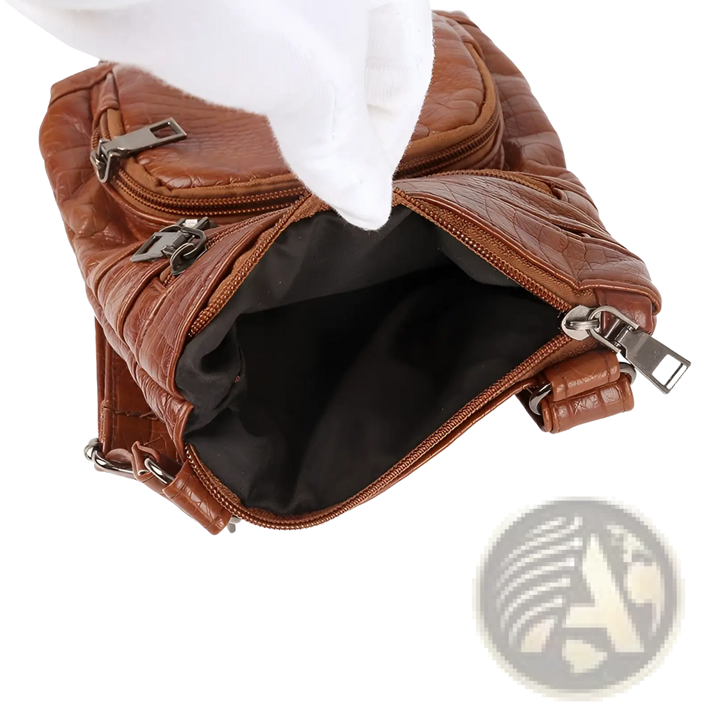 Retro crocodile textured soft leather crossbody bag in brown with quilted design black interior and silver zippers