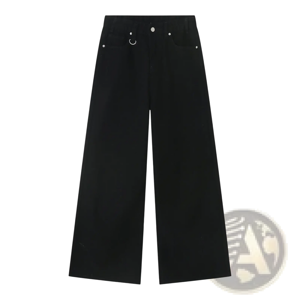 Black high waist wide leg trousers with silver button and ring details resembling retro distressed jeans