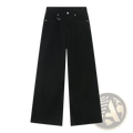 Black high waist wide leg trousers with silver button and ring details resembling retro distressed jeans