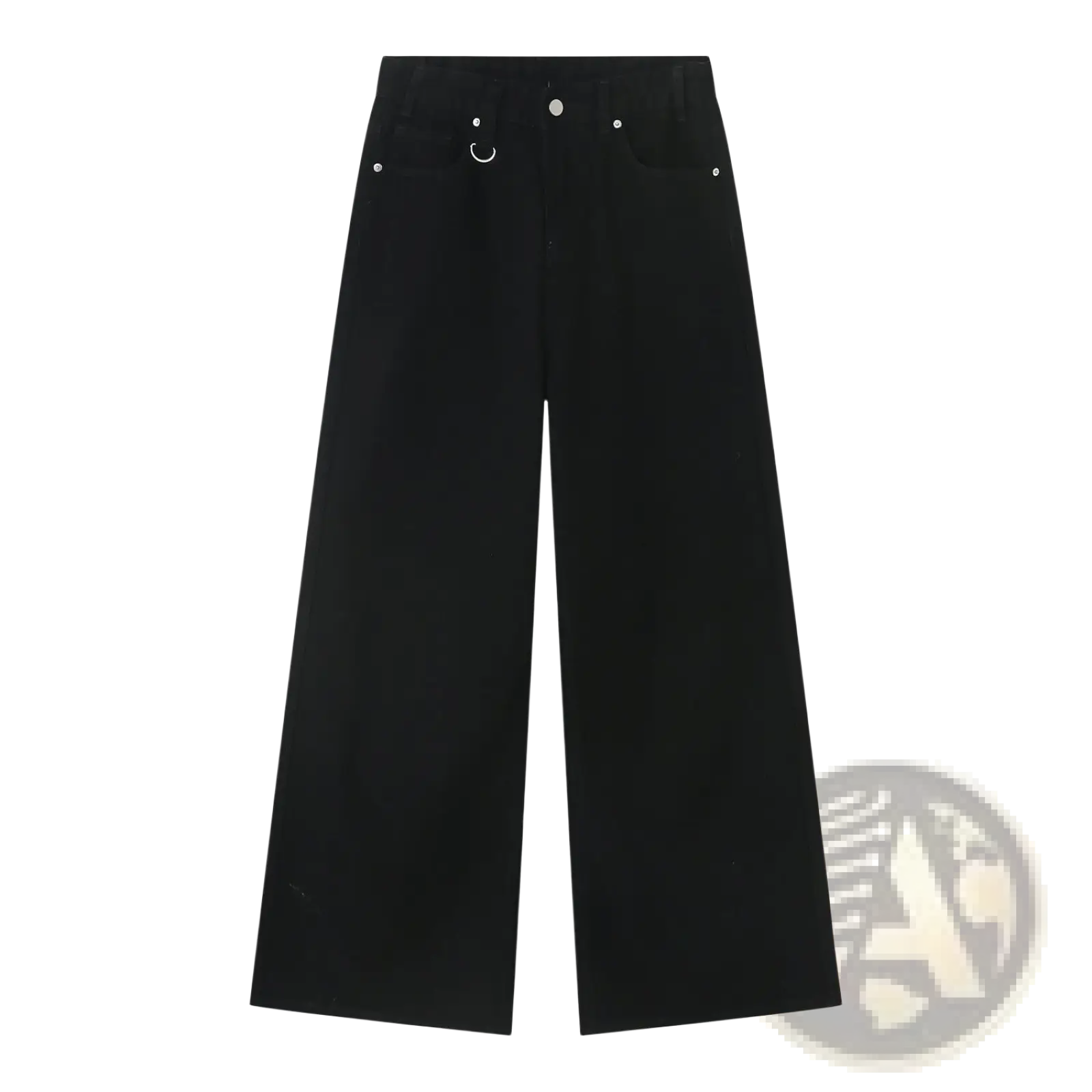 Black high waist wide leg trousers with silver button and ring details resembling retro distressed jeans