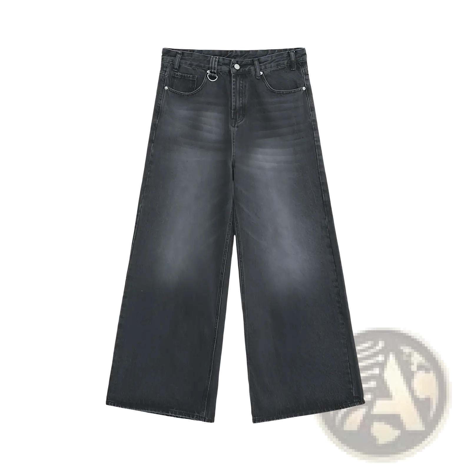 Dark gray wide-leg denim jeans with faded wash and silver-toned hardware in a retro distressed style