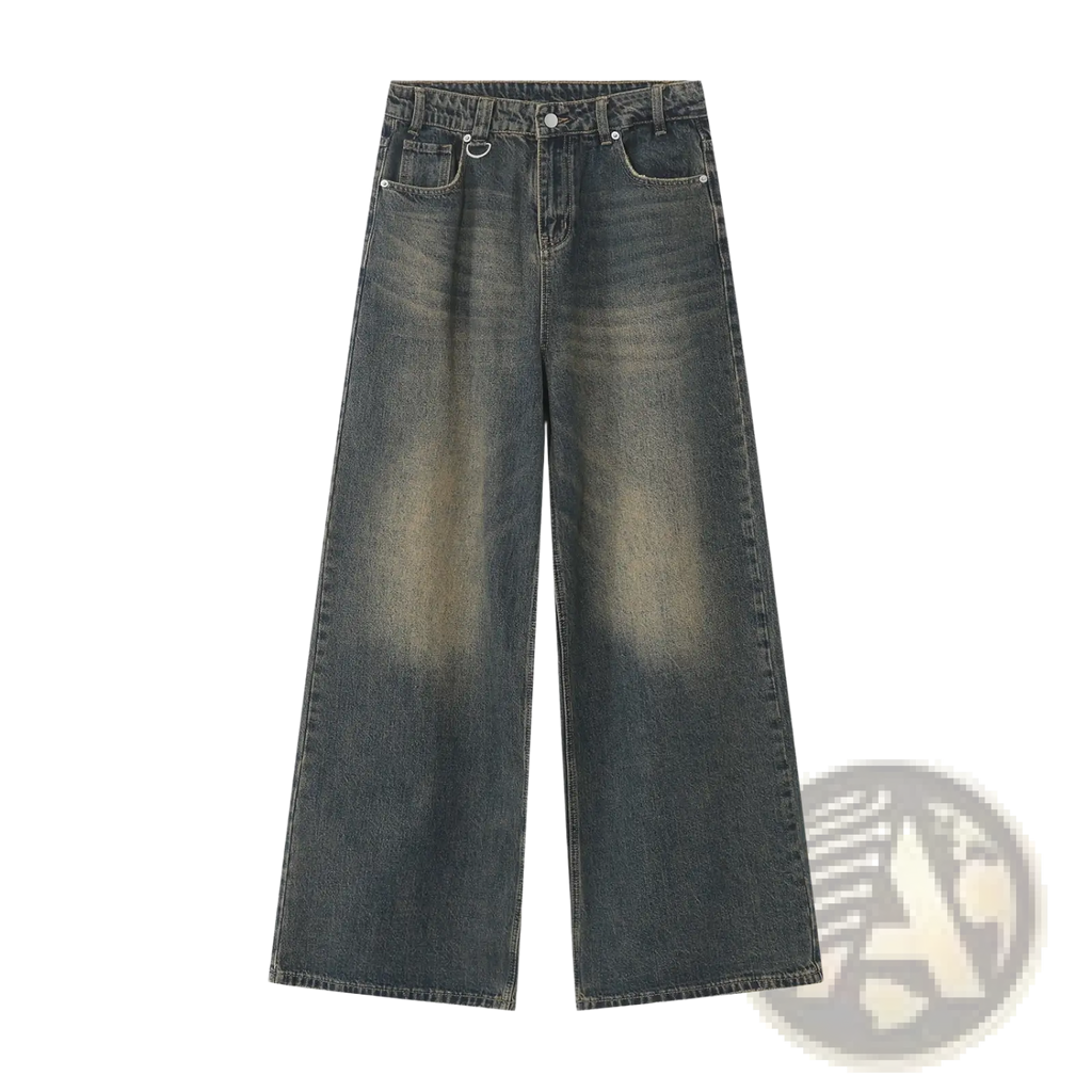 Retro distressed wide leg jeans in dark wash denim featuring faded distressing and classic stitching details