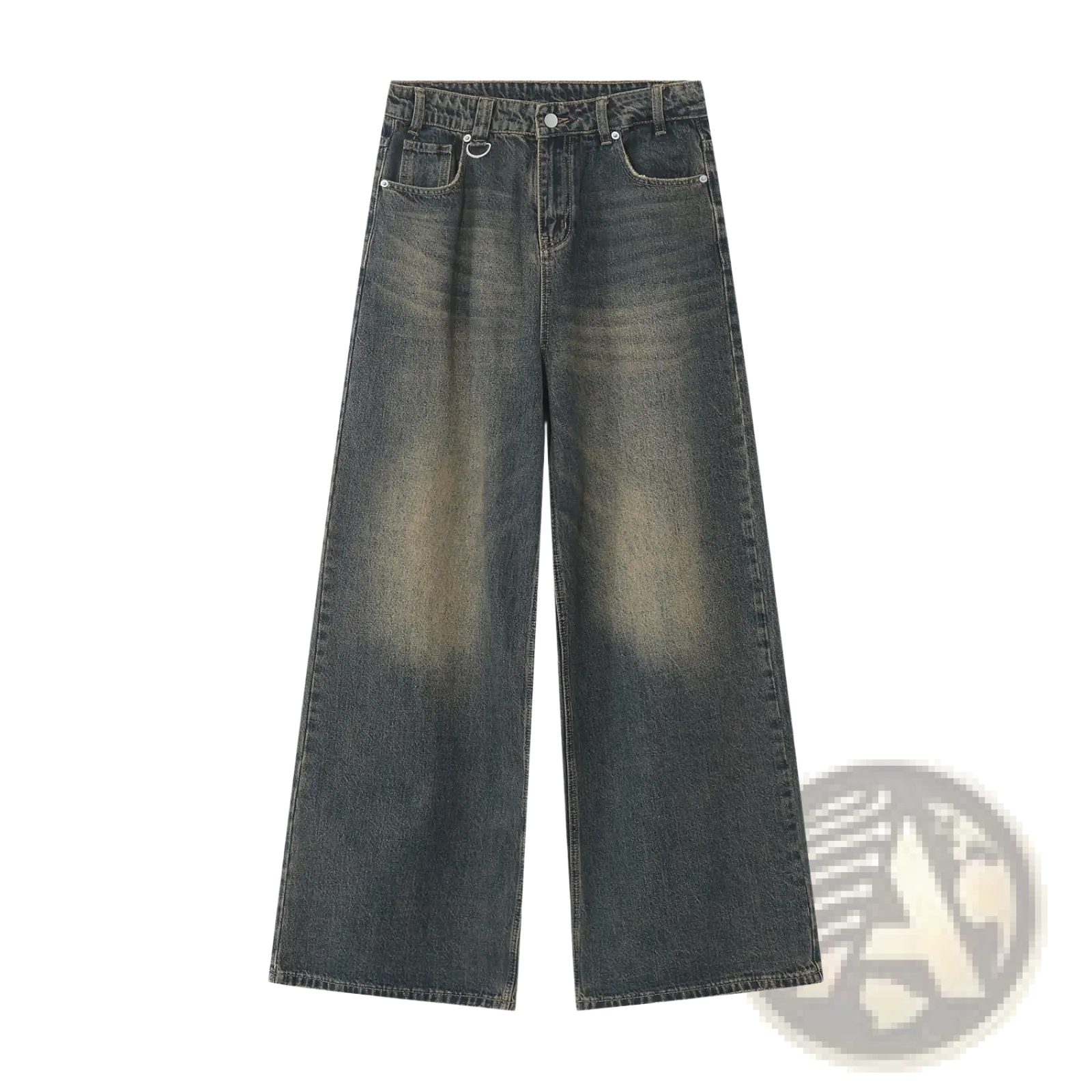 Retro distressed wide leg jeans in dark wash denim featuring faded distressing and classic stitching details