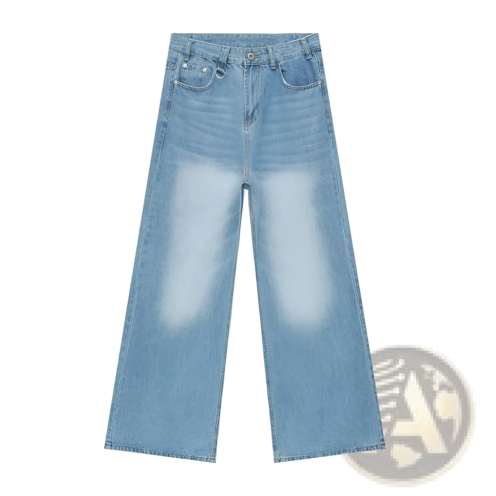 Light-wash denim retro distressed wide leg jeans with faded distressing on the thighs and a wide-leg cut