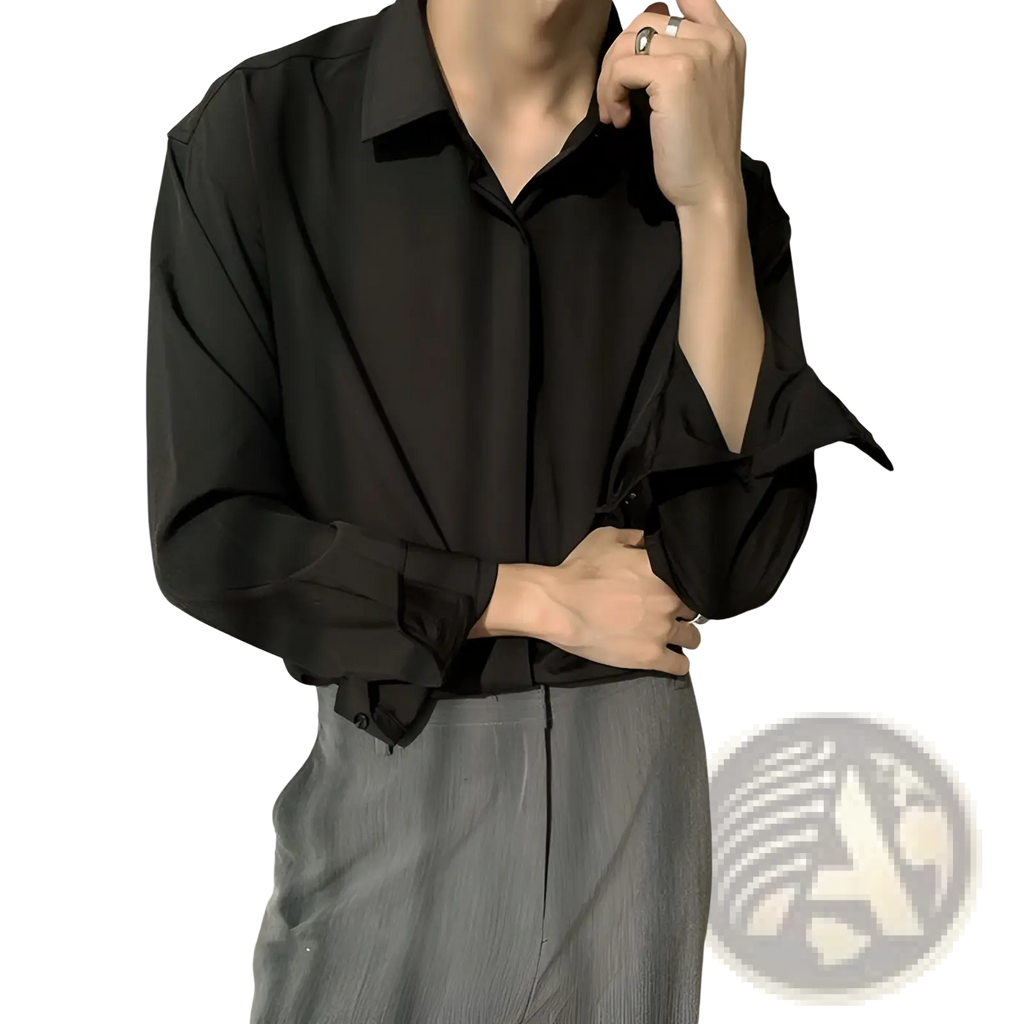 Black retro drape wrinkle resistant satin button down shirt with long sleeves relaxed fit and rolled cuffs