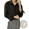 Black retro drape wrinkle resistant satin button down shirt with long sleeves relaxed fit and rolled cuffs