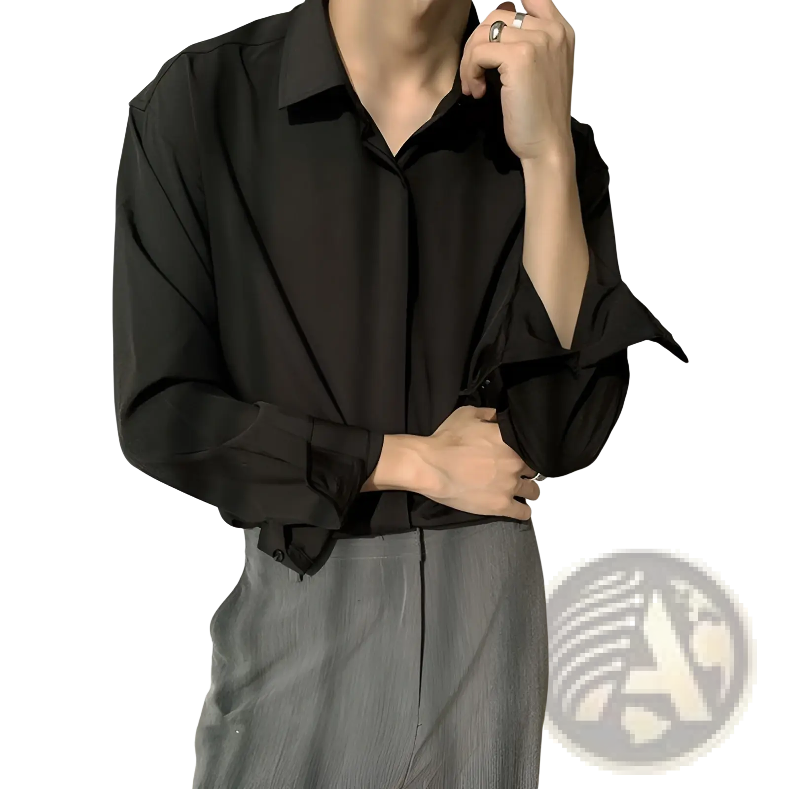 Black retro drape wrinkle resistant satin button down shirt with long sleeves relaxed fit and rolled cuffs