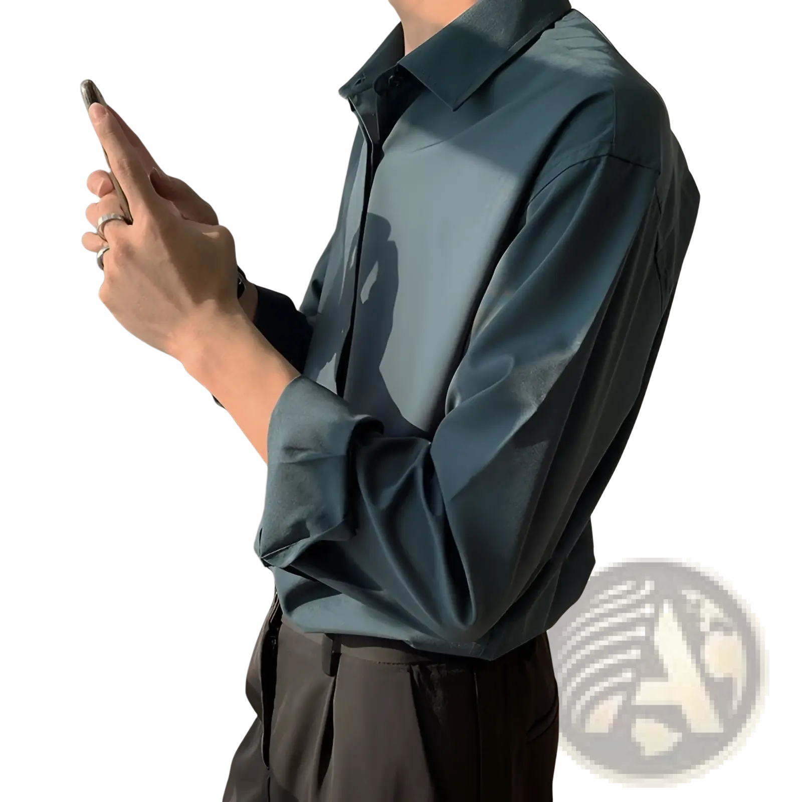 A sleek dark teal retro drape satin button down shirt with classic collar and long sleeves wrinkle resistant
