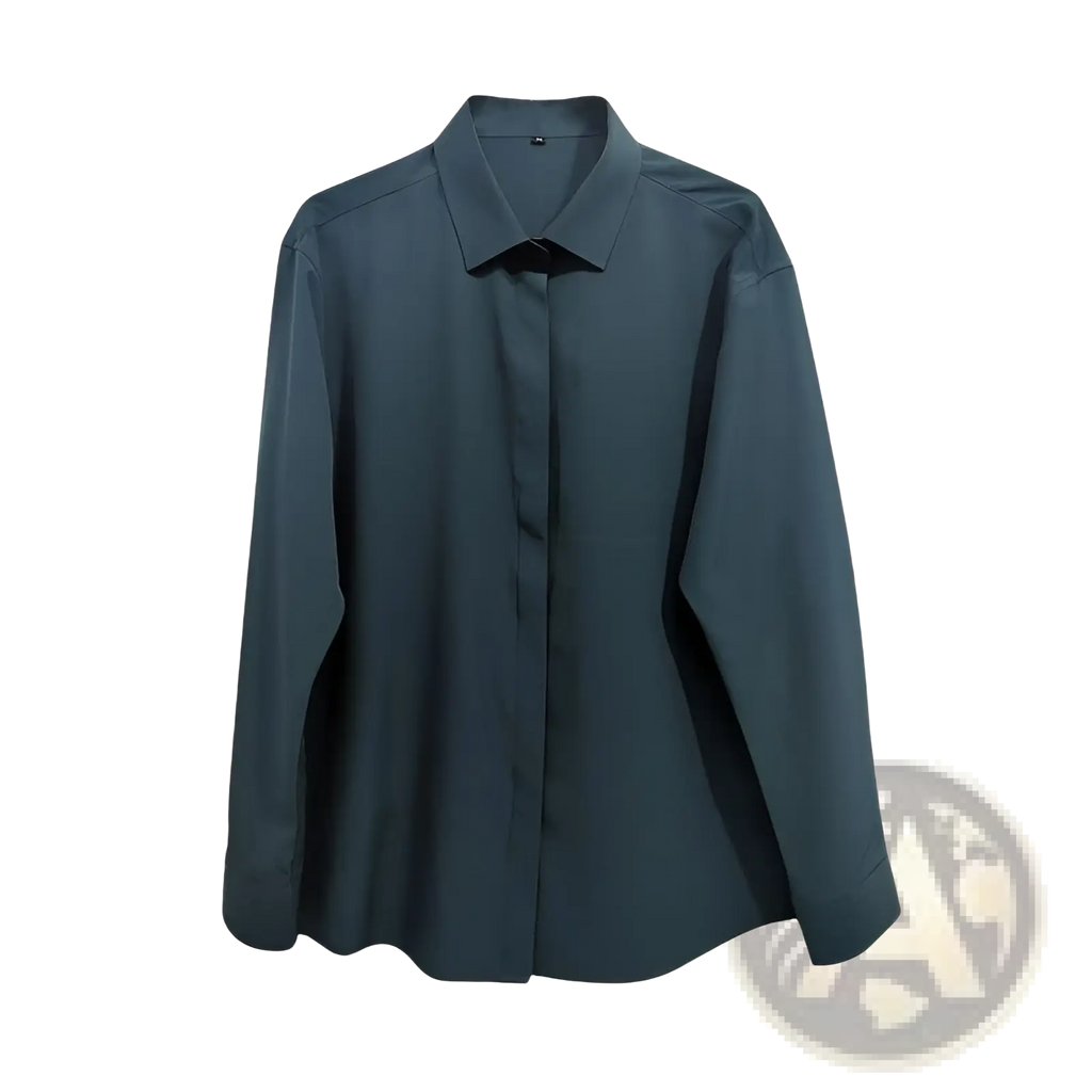 A sleek dark teal long-sleeved wrinkle resistant satin button-down shirt with classic collar and clean lines