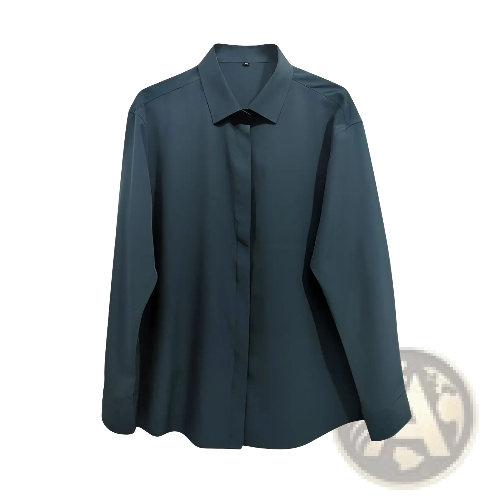 A sleek dark teal long-sleeved wrinkle resistant satin button-down shirt with classic collar and clean lines