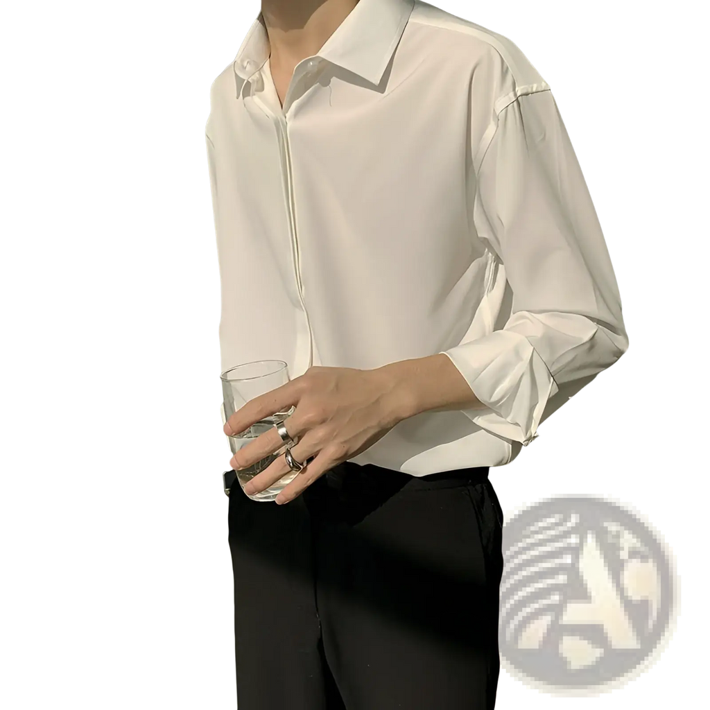 A crisp white retro drape wrinkle resistant satin button down shirt with long sleeves and pleated cuffs