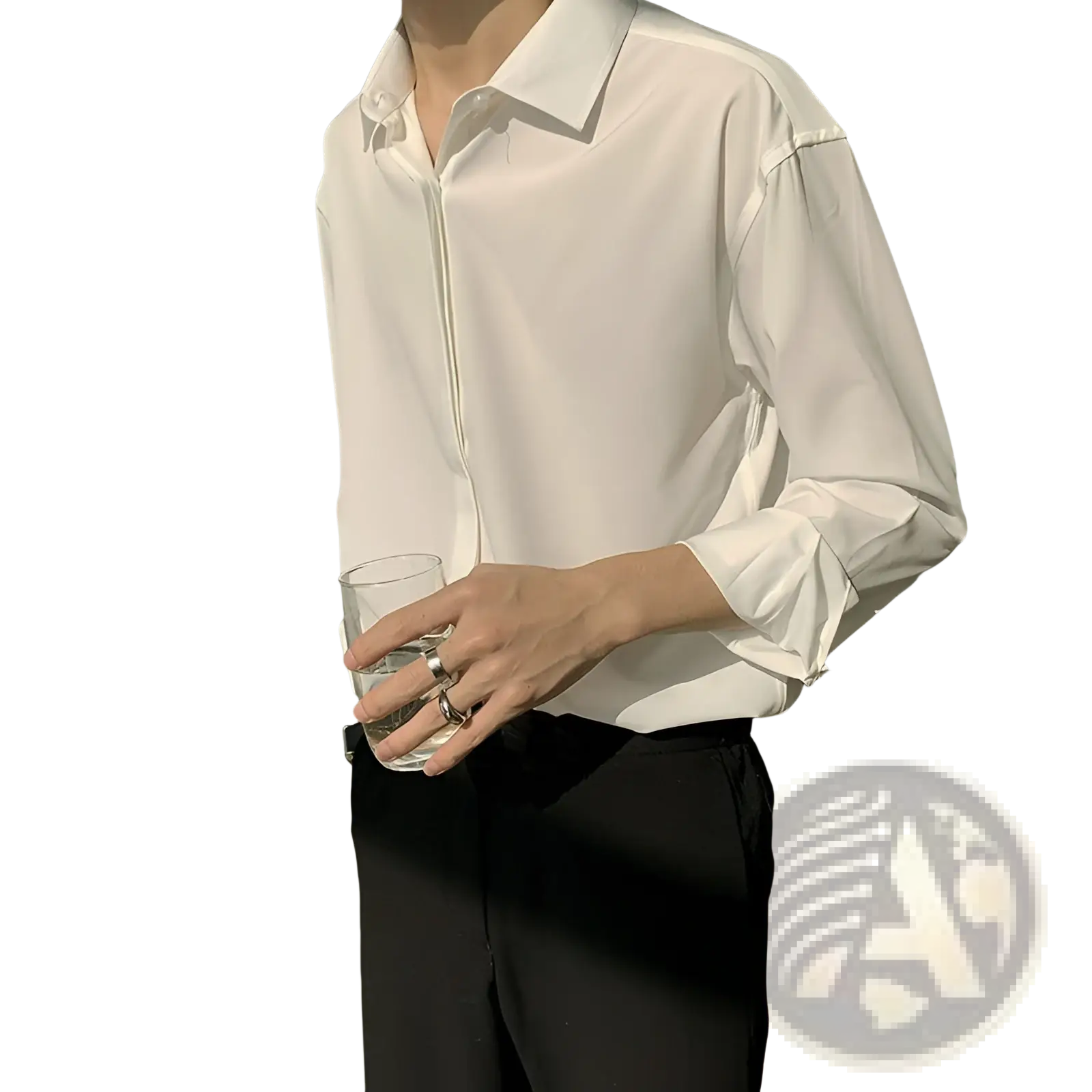 A crisp white retro drape wrinkle resistant satin button down shirt with long sleeves and pleated cuffs