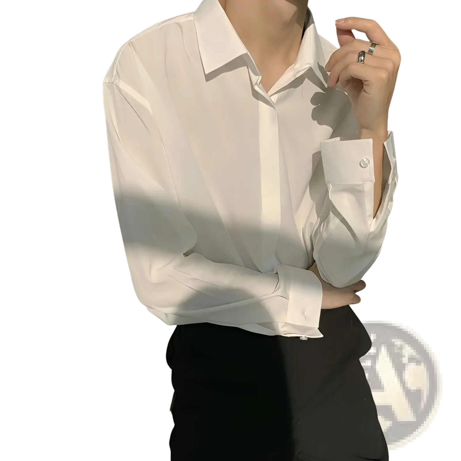White long-sleeved button-up retro drape wrinkle resistant satin shirt with crisp collar and cufflinks