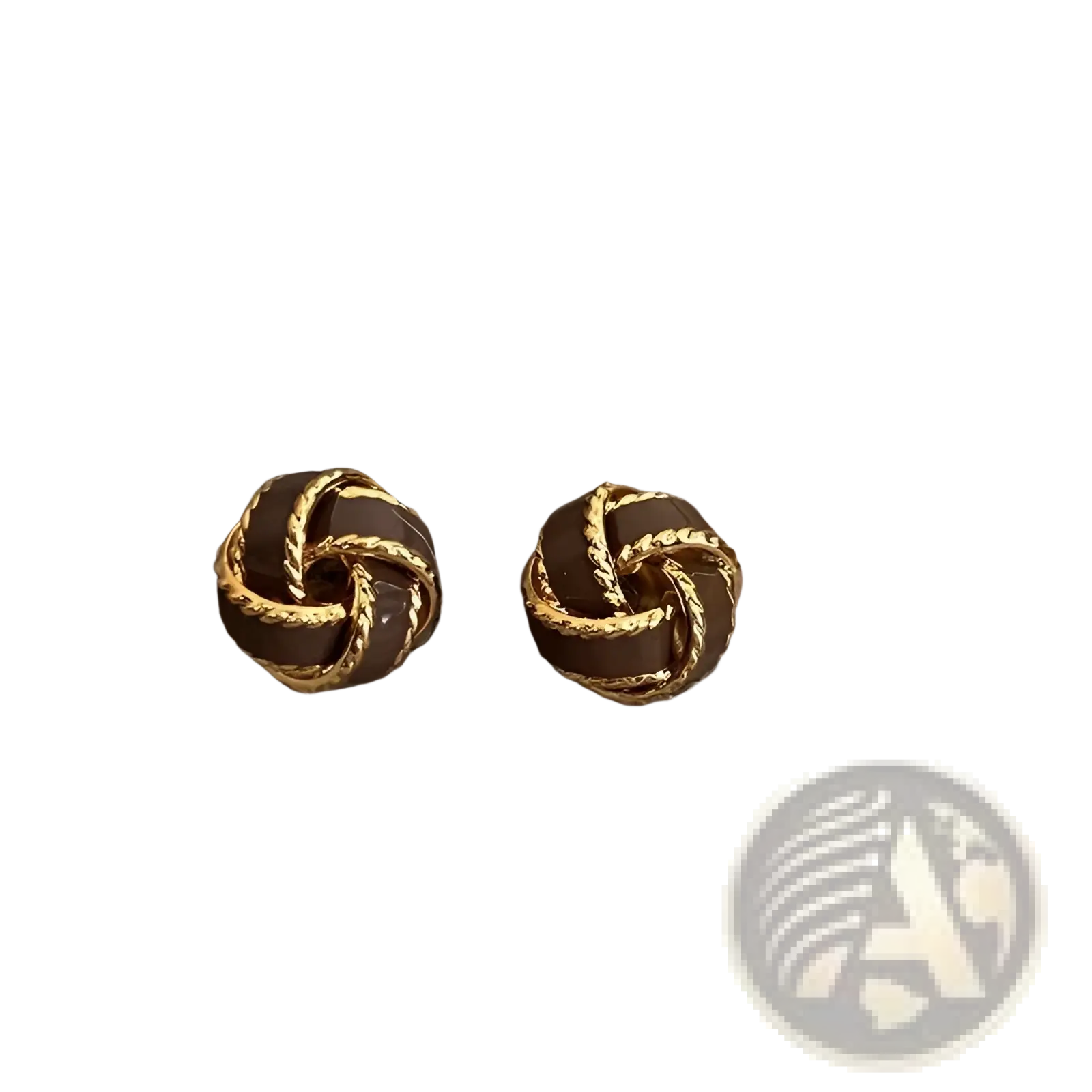Retro enamel knot stud earrings in gold tone with dark brown glossy enamel finish for elegant wear