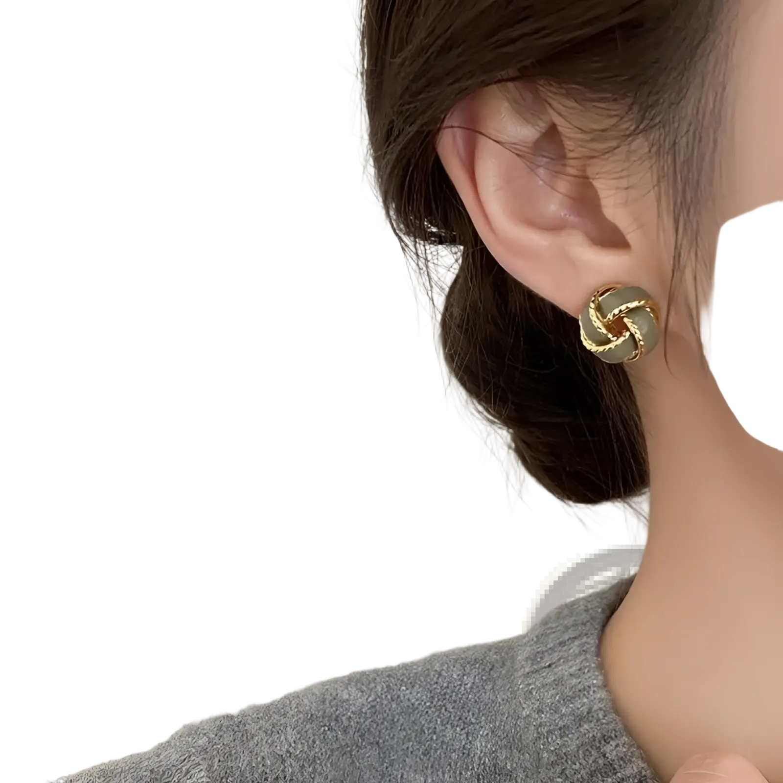 Gold-toned retro enamel knot stud earring with a glossy finish and smooth pale green jade center