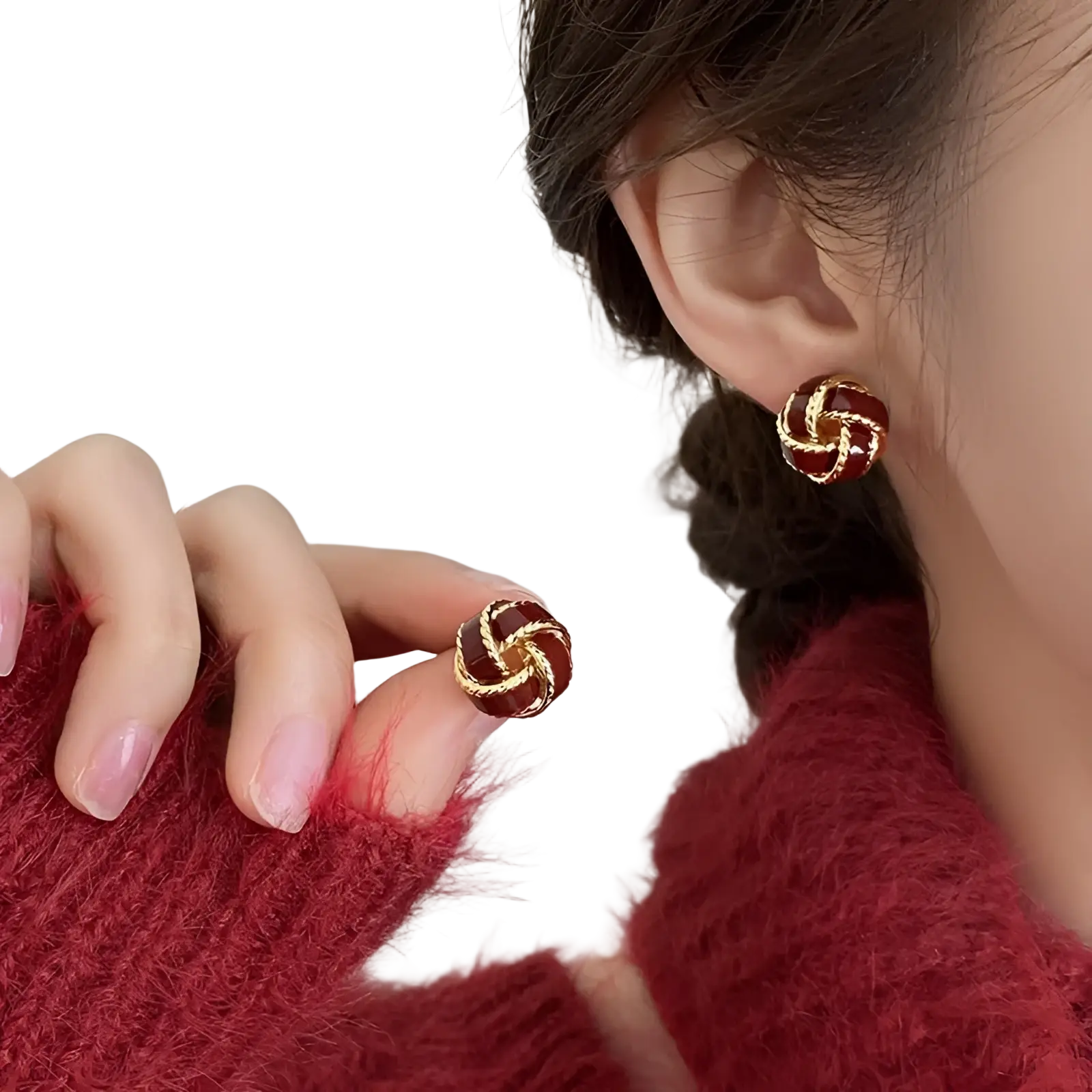Retro enamel knot stud earrings in red and gold with glossy enamel finish and intricate knot design