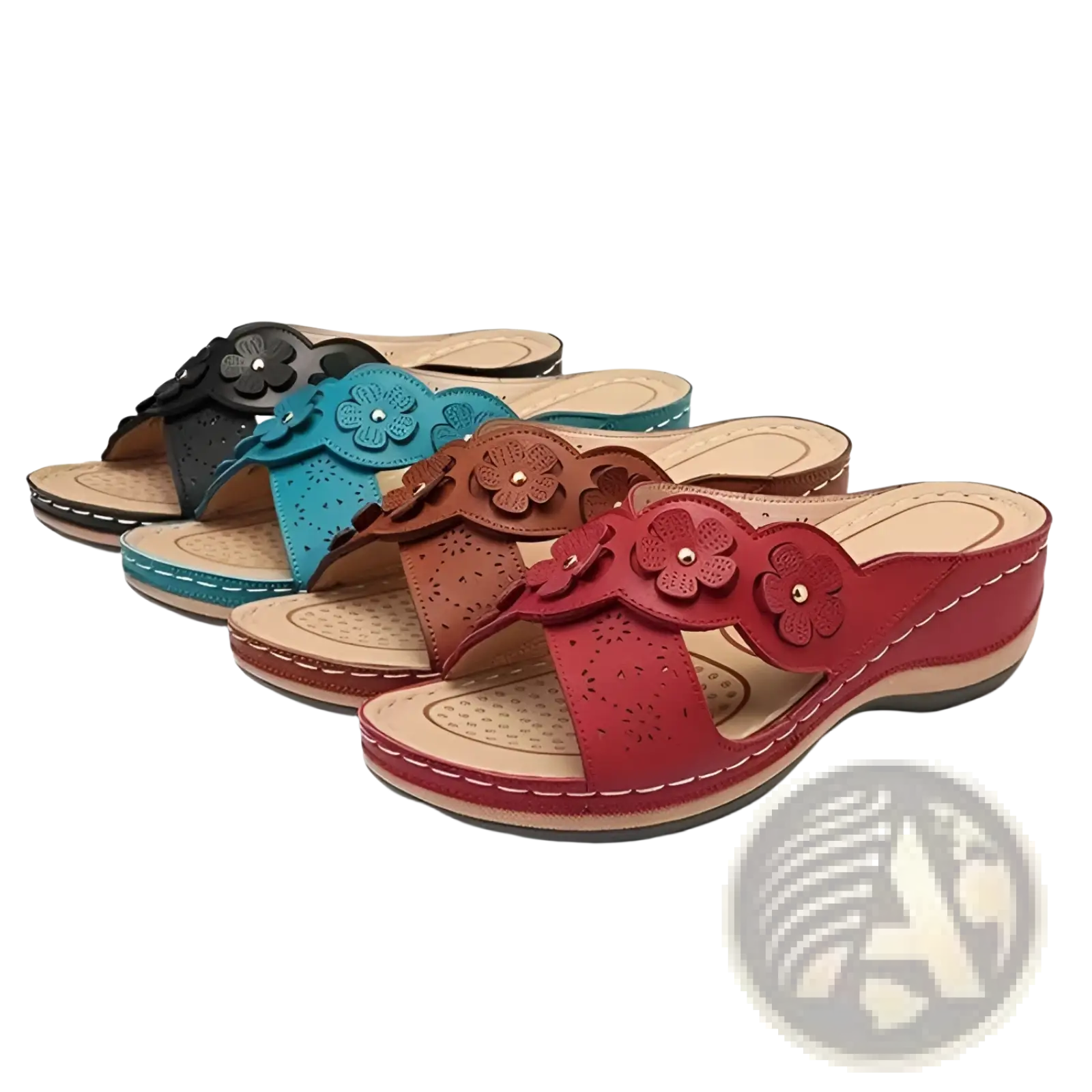 Retro floral leather wedge sandals in red featuring floral embellishments and perforated detailing