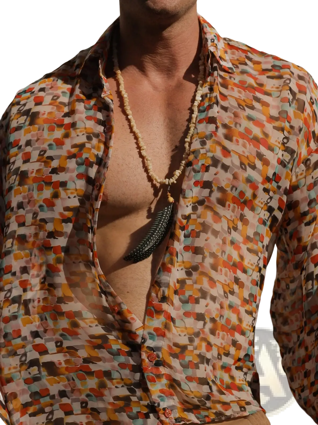 A dark green textured feather pendant on a beige beaded necklace pairs with a retro geometric sheer oversized vacation shirt