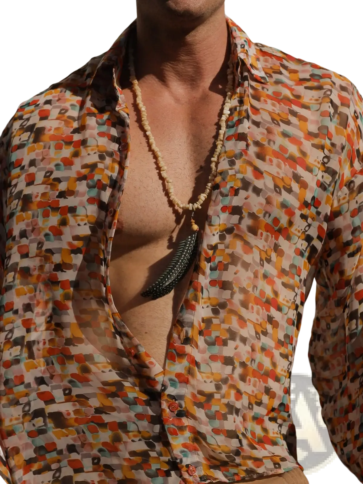 A dark green textured feather pendant on a beige beaded necklace pairs with a retro geometric sheer oversized vacation shirt