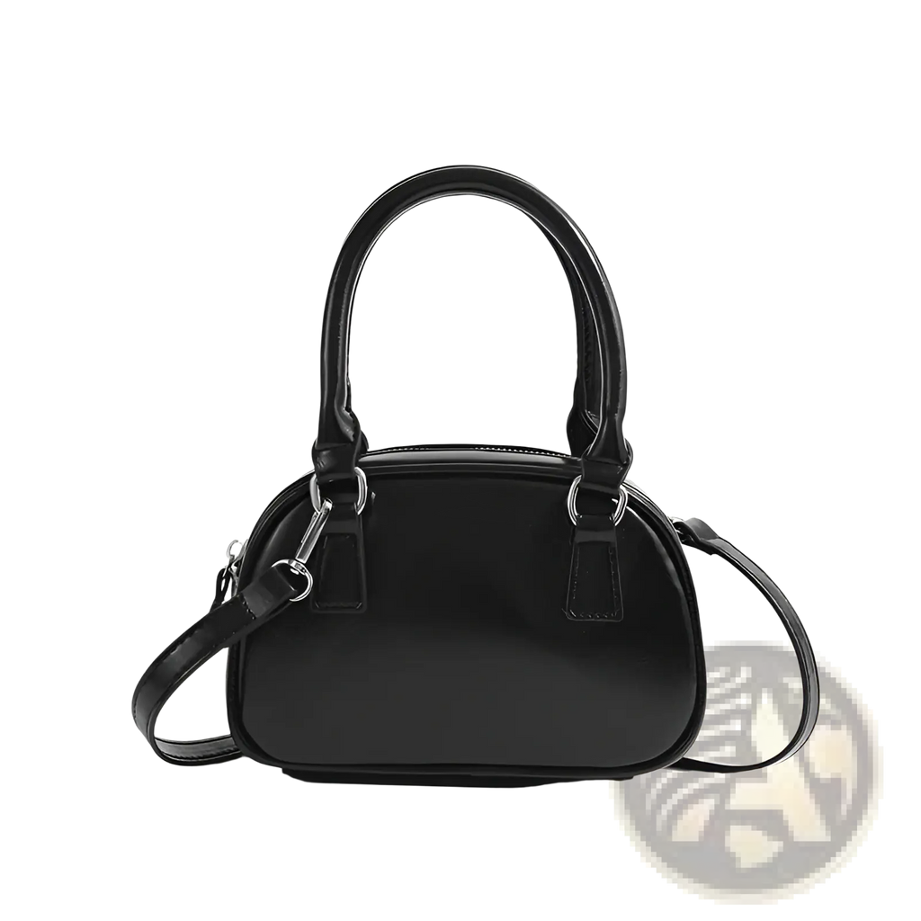 Black glossy pu leather small square handbag with curved top handles and detachable shoulder strap 20cm size