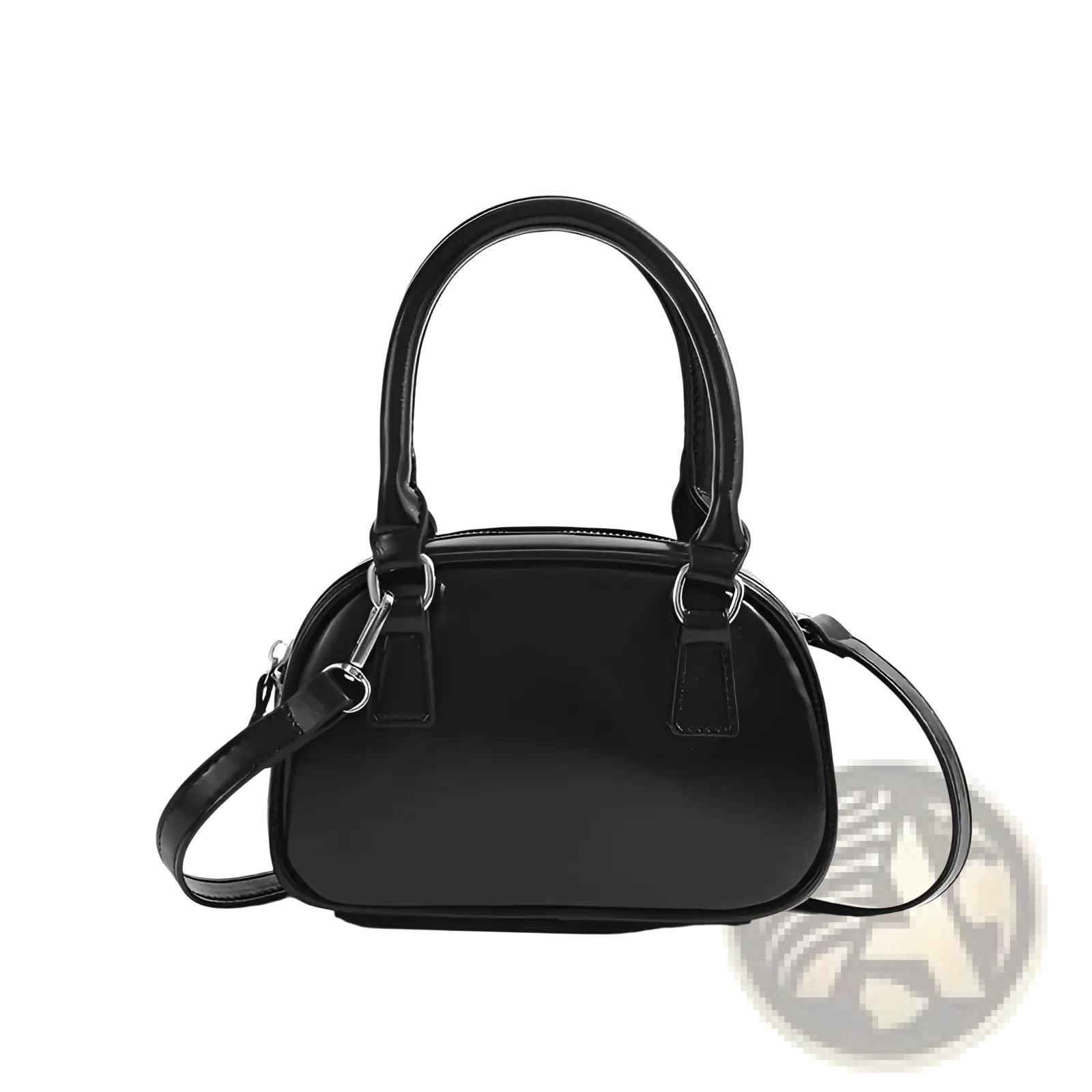Black glossy pu leather small square handbag with curved top handles and detachable shoulder strap 20cm size