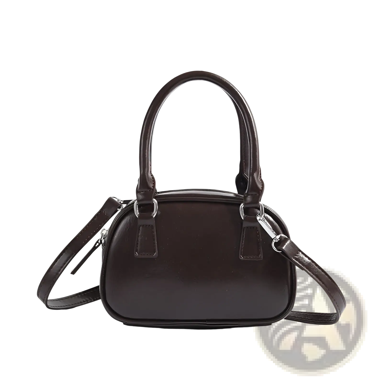 Dark brown glossy pu leather small square satchel with curved top handles and detachable shoulder strap 20cm