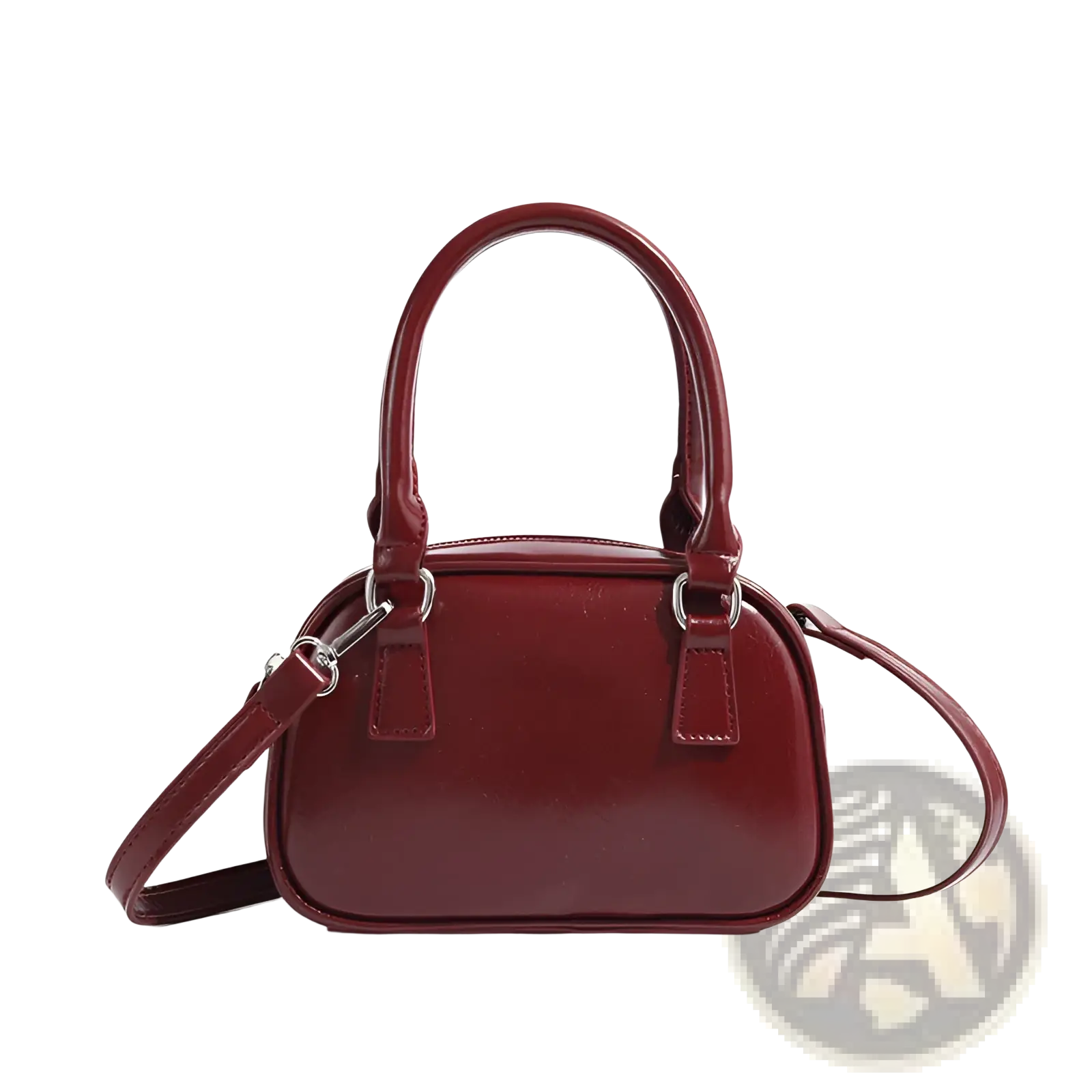 Retro glossy pu leather small square handbag in burgundy with rounded top handles and detachable shoulder strap