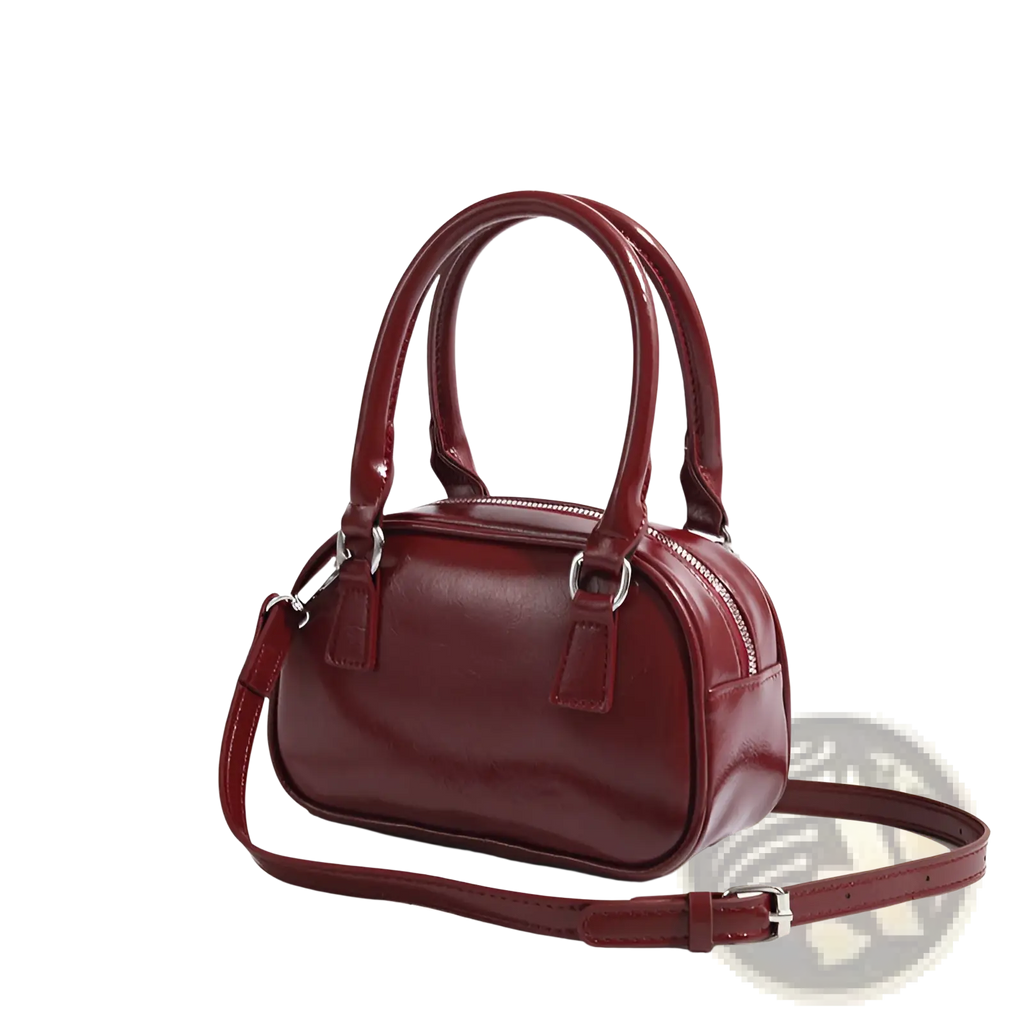 Retro glossy pu leather small square handbag 20cm in burgundy with rounded top handles and detachable shoulder strap