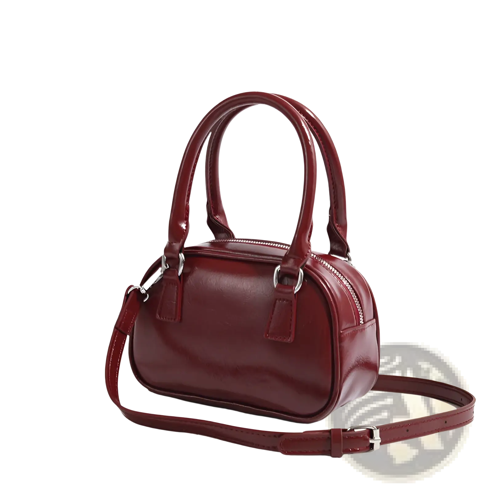 Retro glossy pu leather small square handbag 20cm in burgundy with rounded top handles and detachable shoulder strap