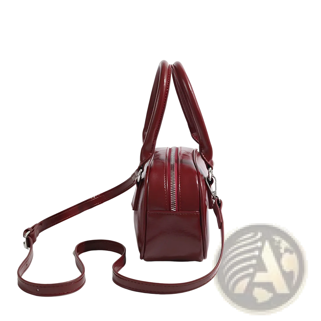 Retro glossy pu leather small square handbag in burgundy with rounded handles and detachable shoulder strap