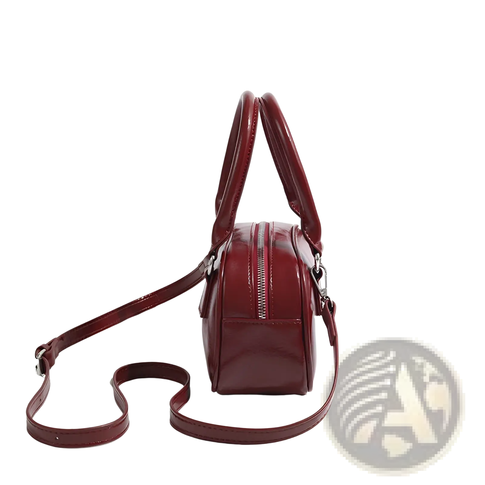 Retro glossy pu leather small square handbag in burgundy with rounded handles and detachable shoulder strap