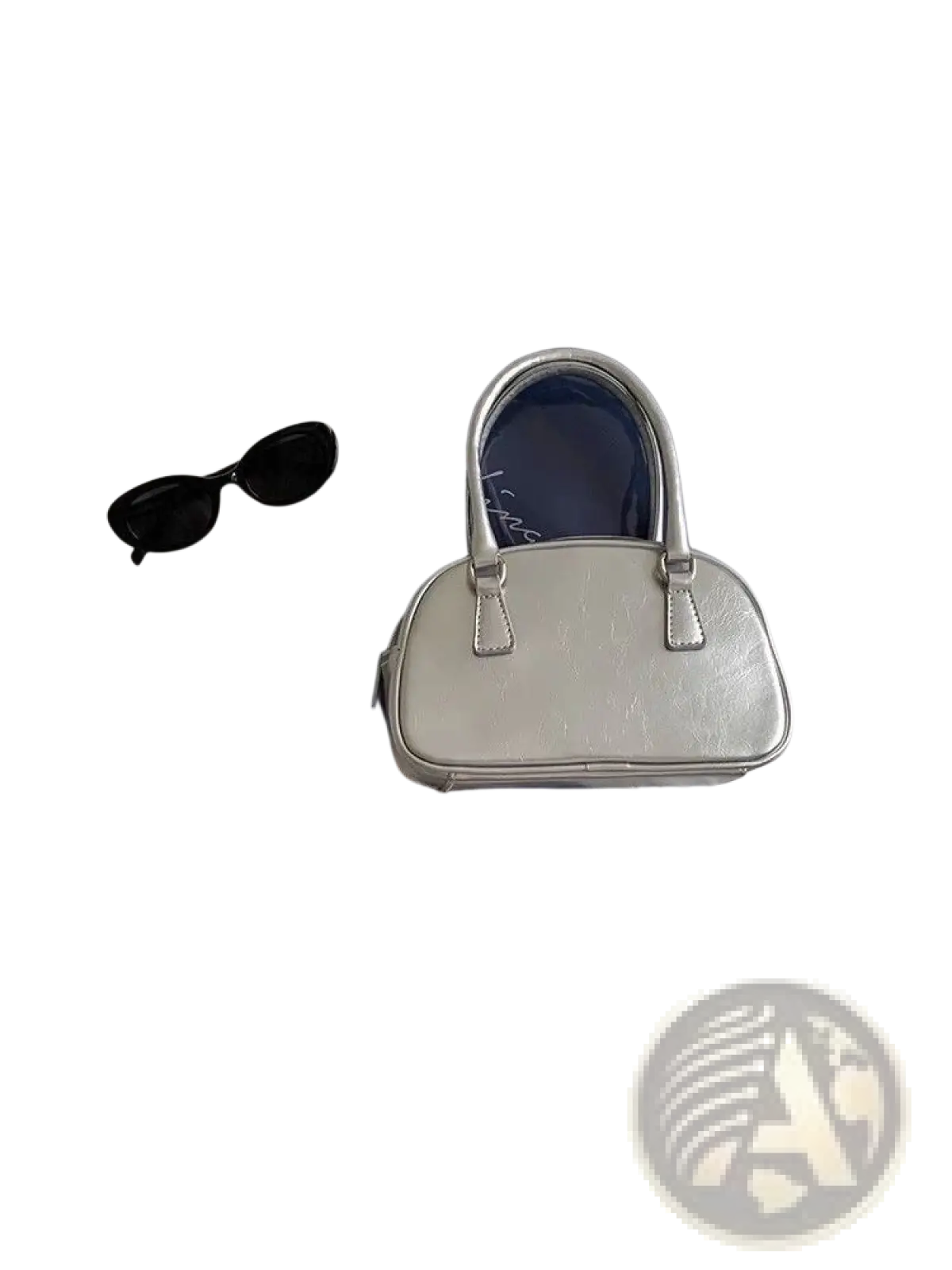 Silver metallic retro glossy pu leather small square handbag with rounded top handle and structured body 20cm