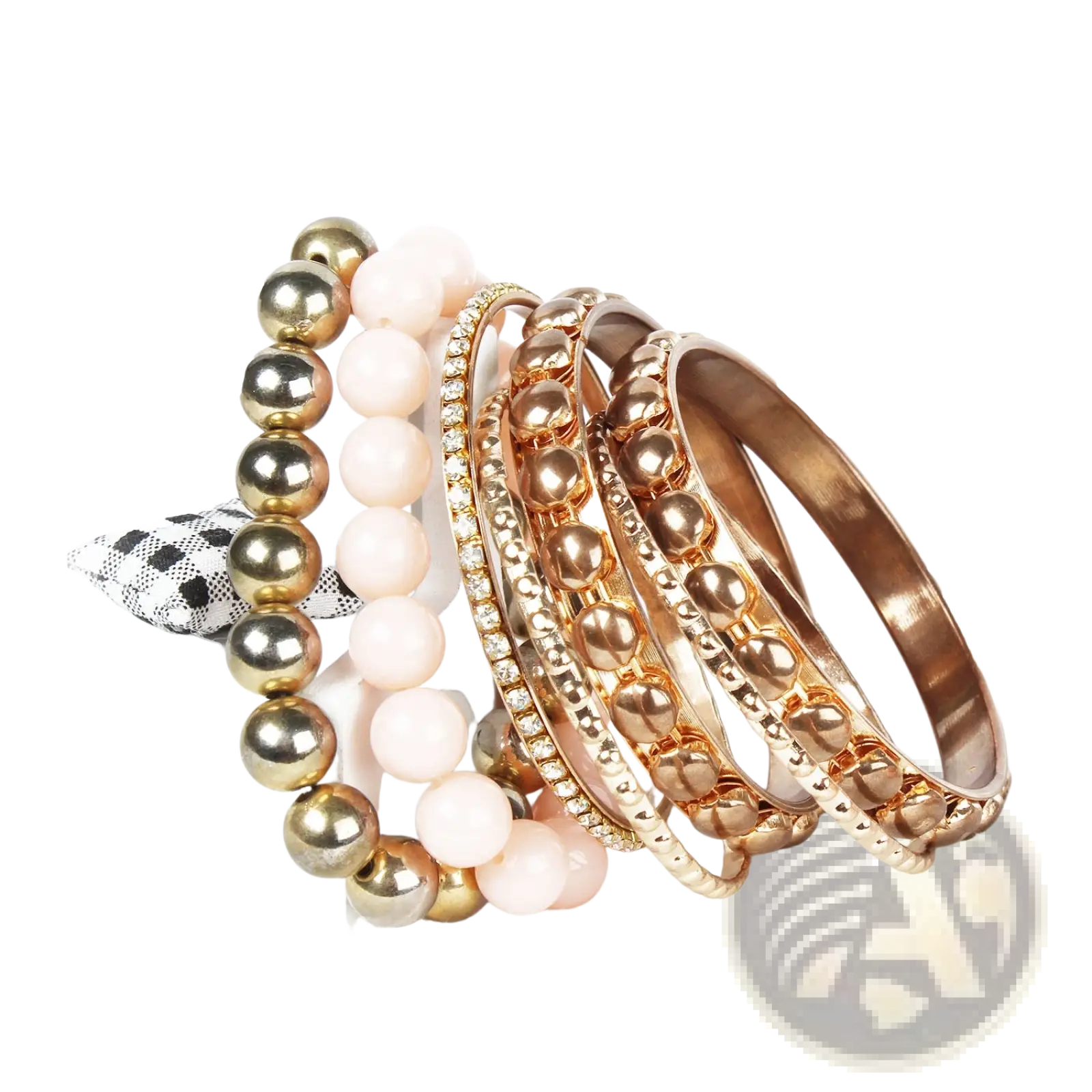 A set of five elegant retro gold and pink rhinestone bangle bracelets in rose gold and silver tones with beaded textures
