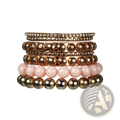 Stack of retro gold and pink rhinestone bangle bracelets featuring rose gold and pink beads with crystal accents