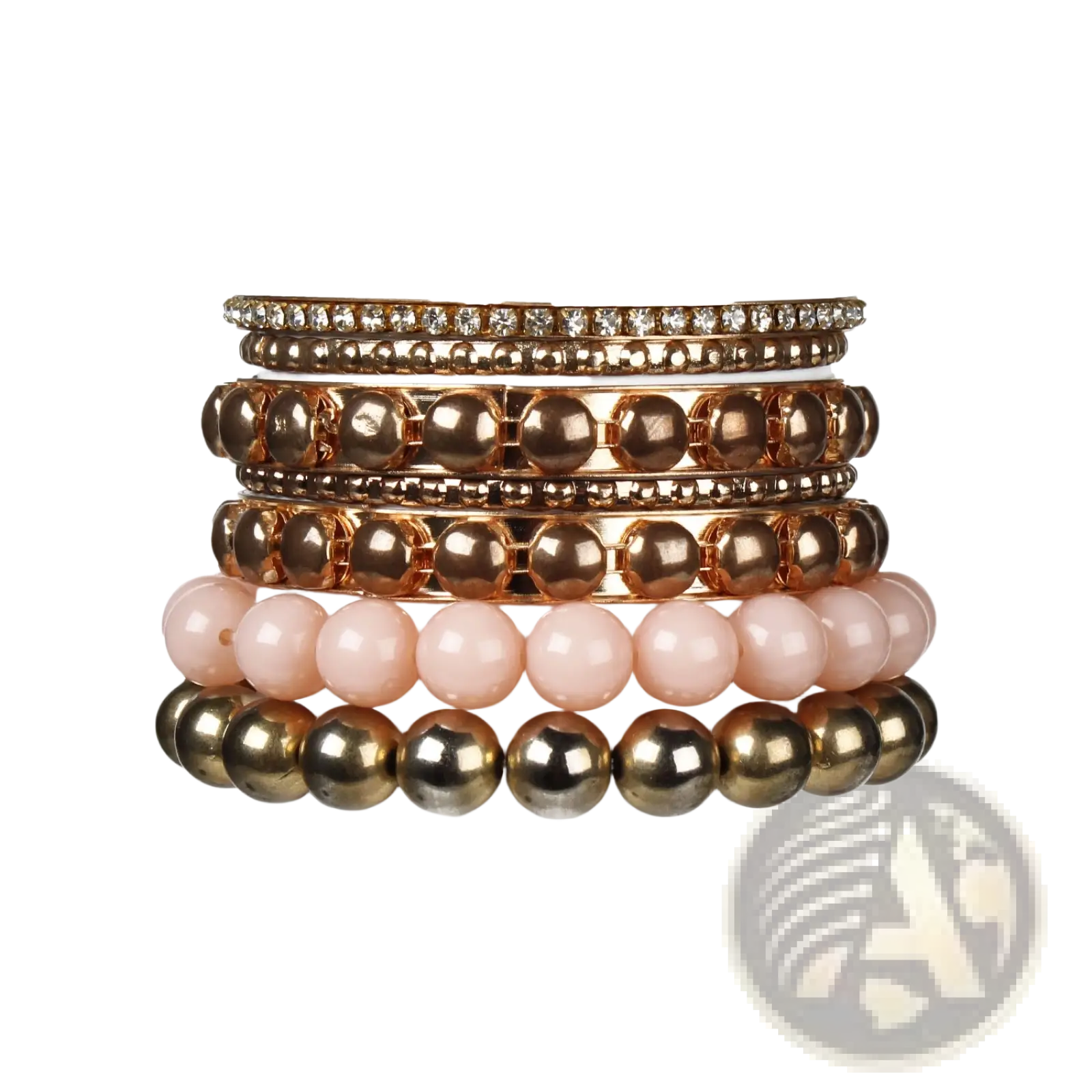 Stack of retro gold and pink rhinestone bangle bracelets featuring rose gold and pink beads with crystal accents