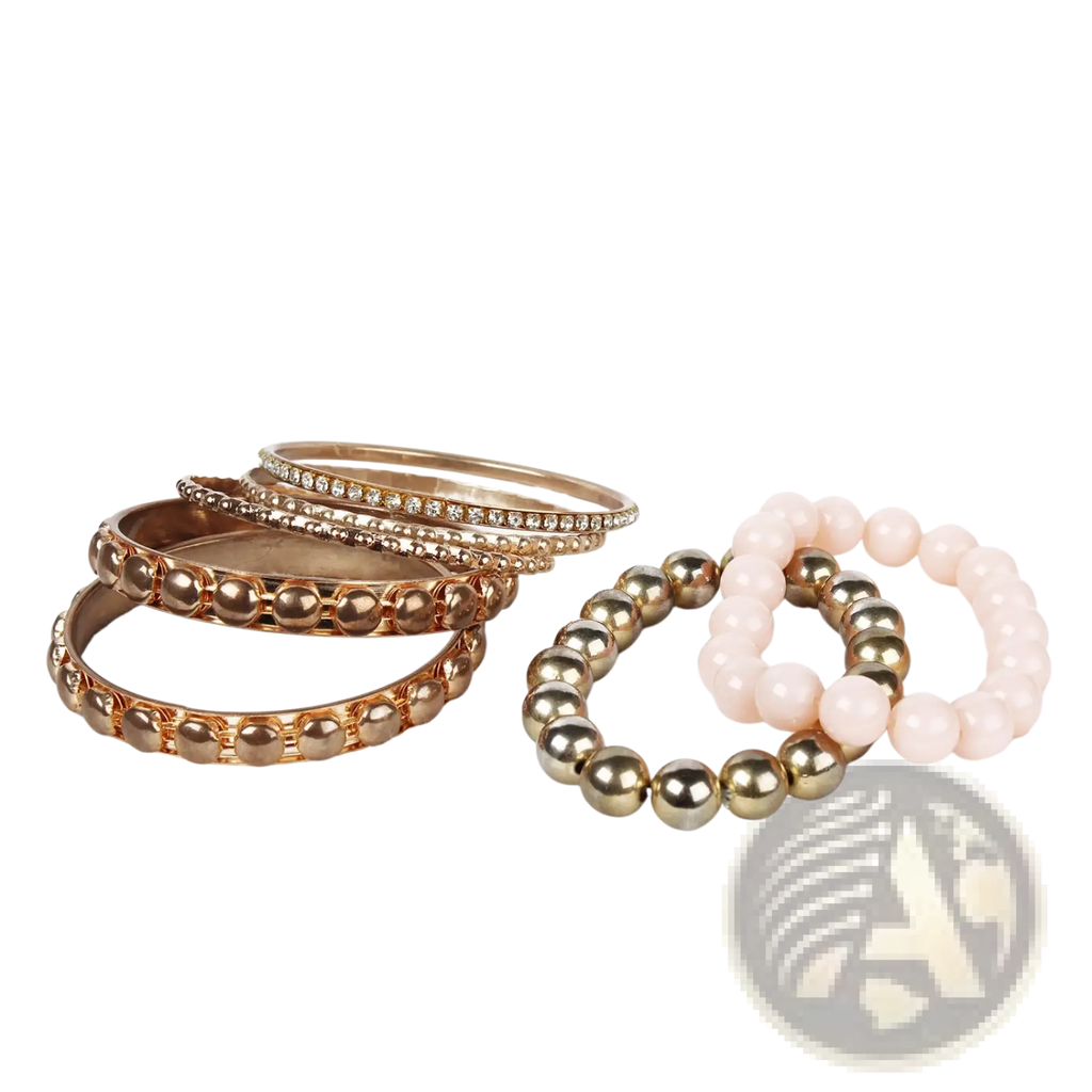 Set of rose gold-toned bangles and beaded bracelets with metallic and pastel pink beads retro gold and pink rhinestone design