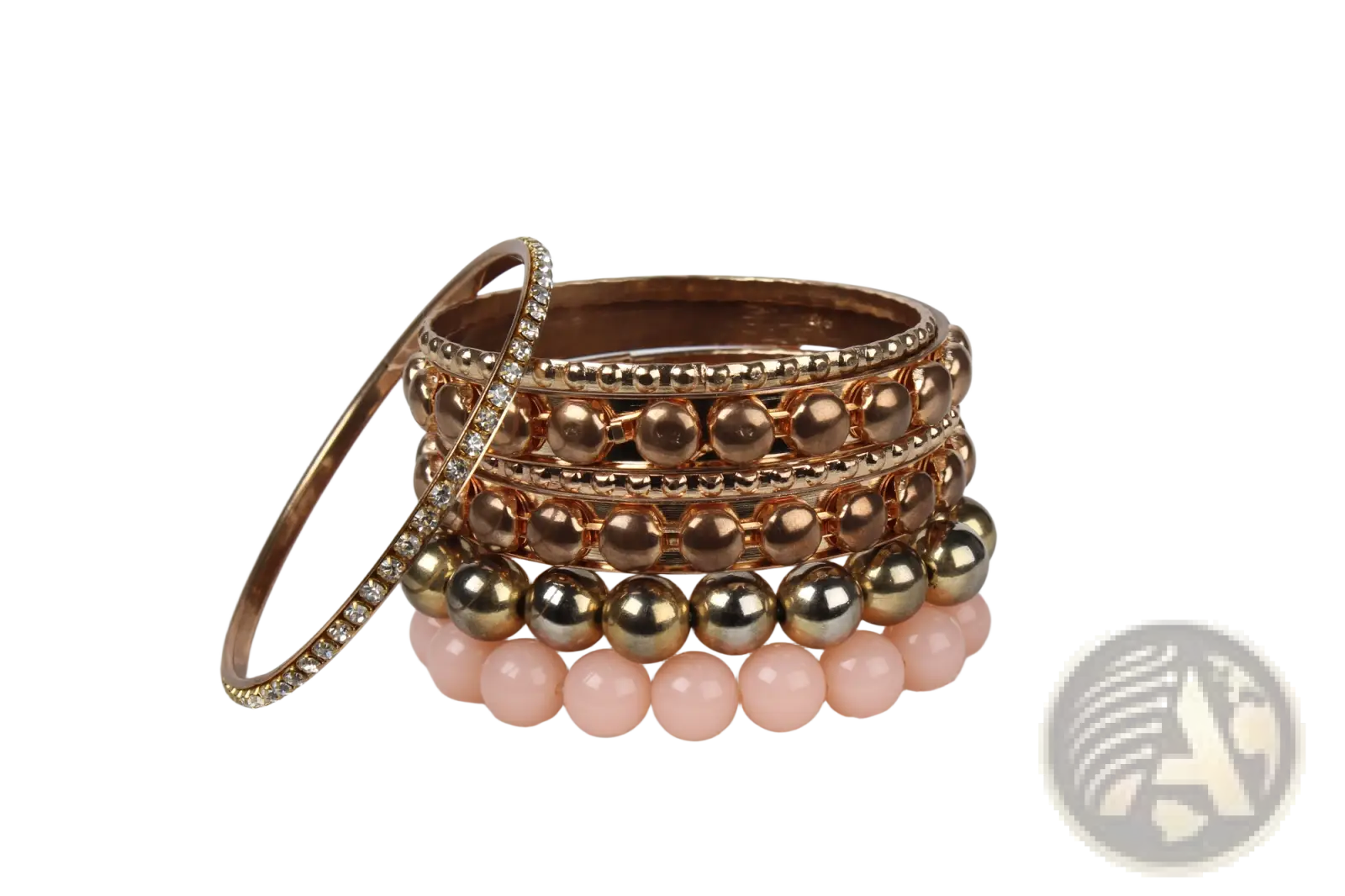 Stack of retro gold and pink rhinestone bangle bracelets featuring rose gold and pink beads with crystal accents
