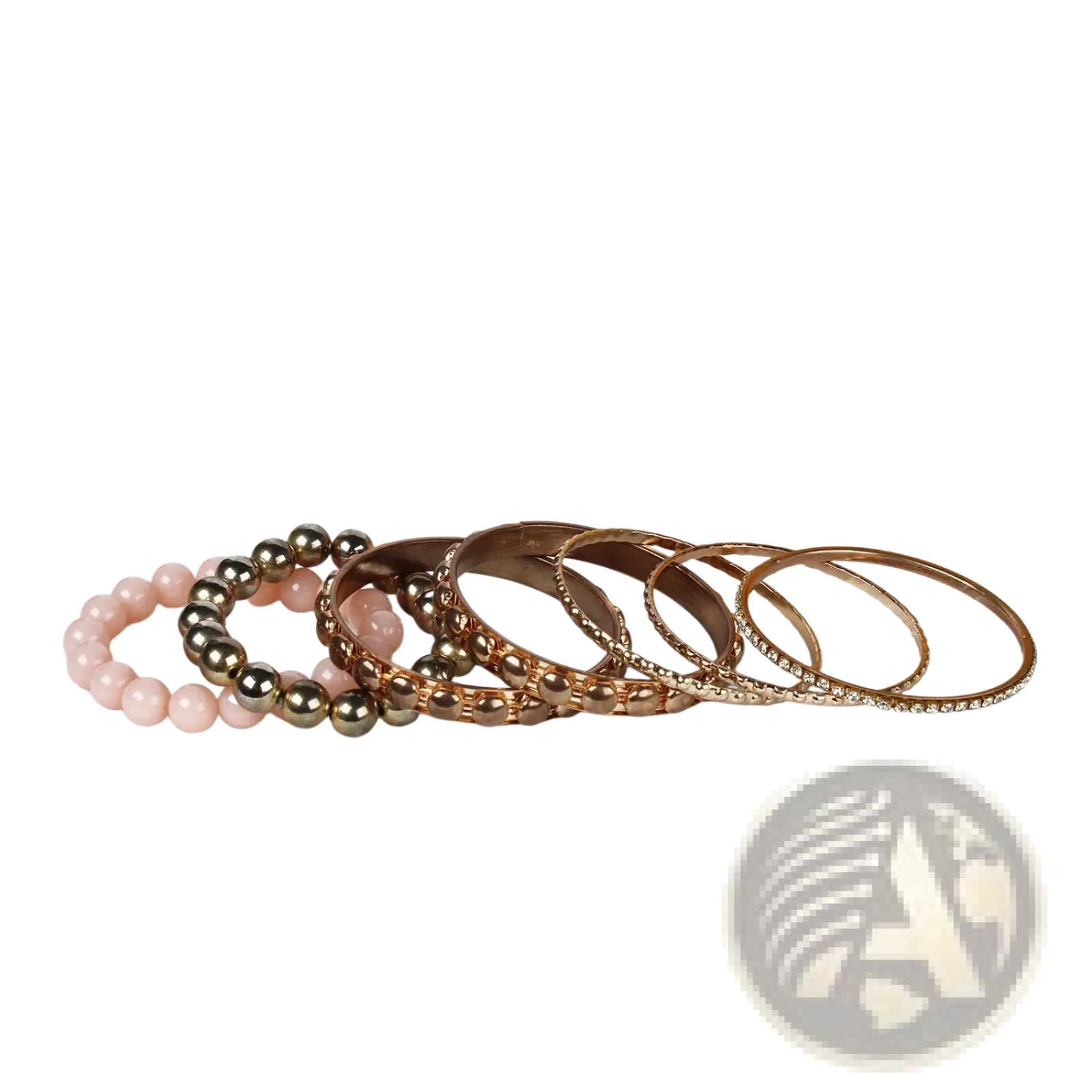 A set of retro gold and pink rhinestone bangle bracelets featuring rose gold and pink beads with metallic accents