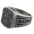 Silver-toned retro heren ring with rectangular face, geometric patterns, and dark stones in stainless steel vintage Persian style